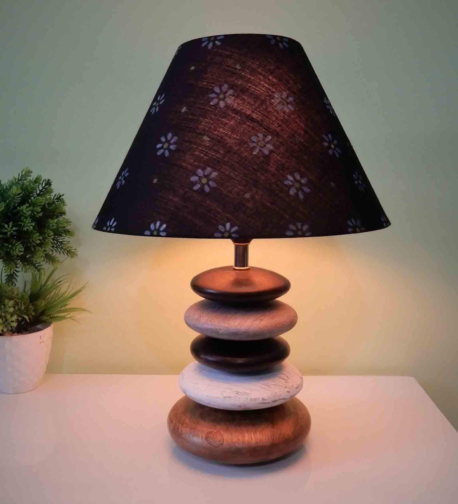 Handpainted Black Fabric Shade Pebble Table Lamp With Multicoloured Base