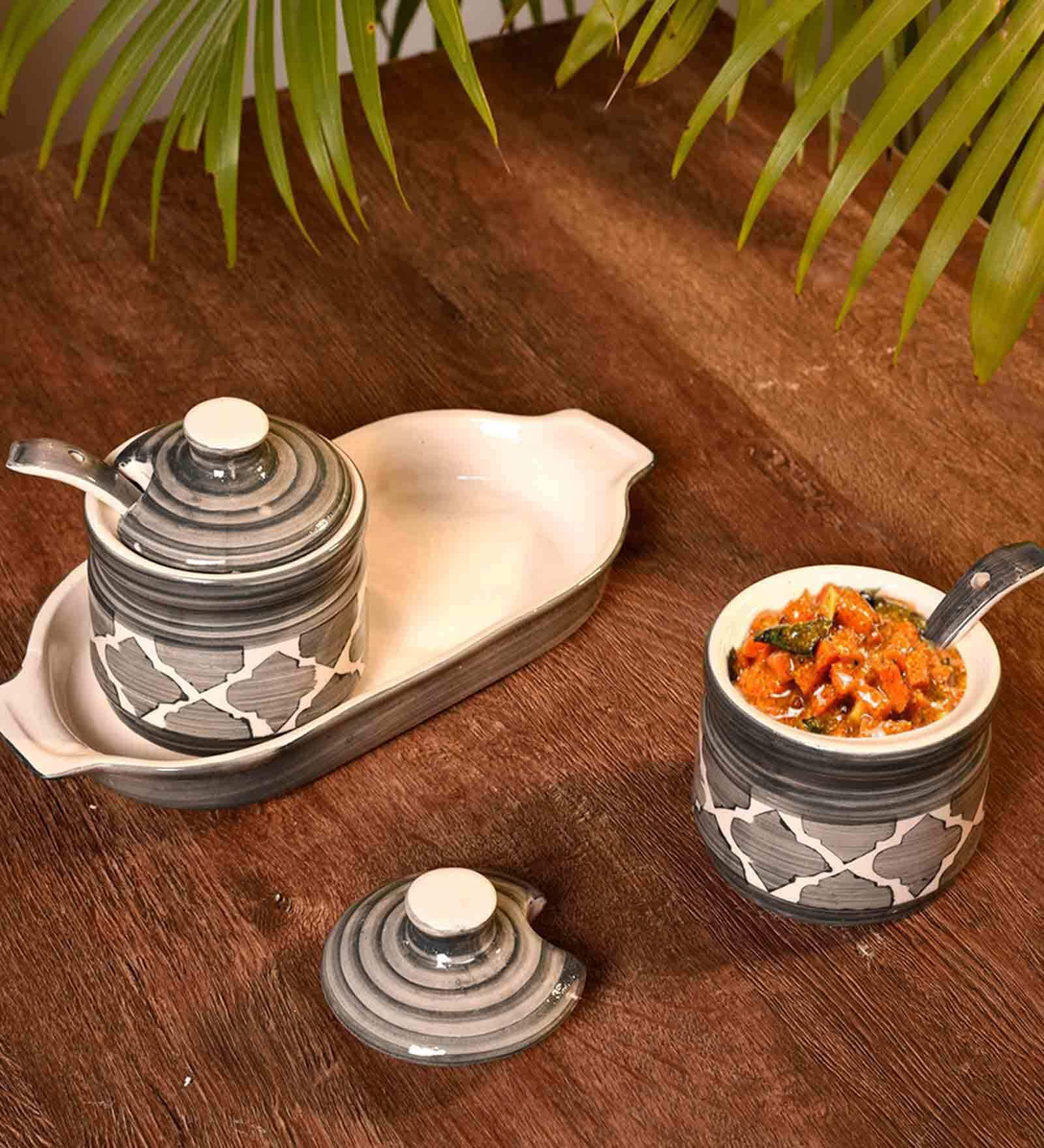 HandPainted Ceramic Condiment Set with Base Tray and Spoon