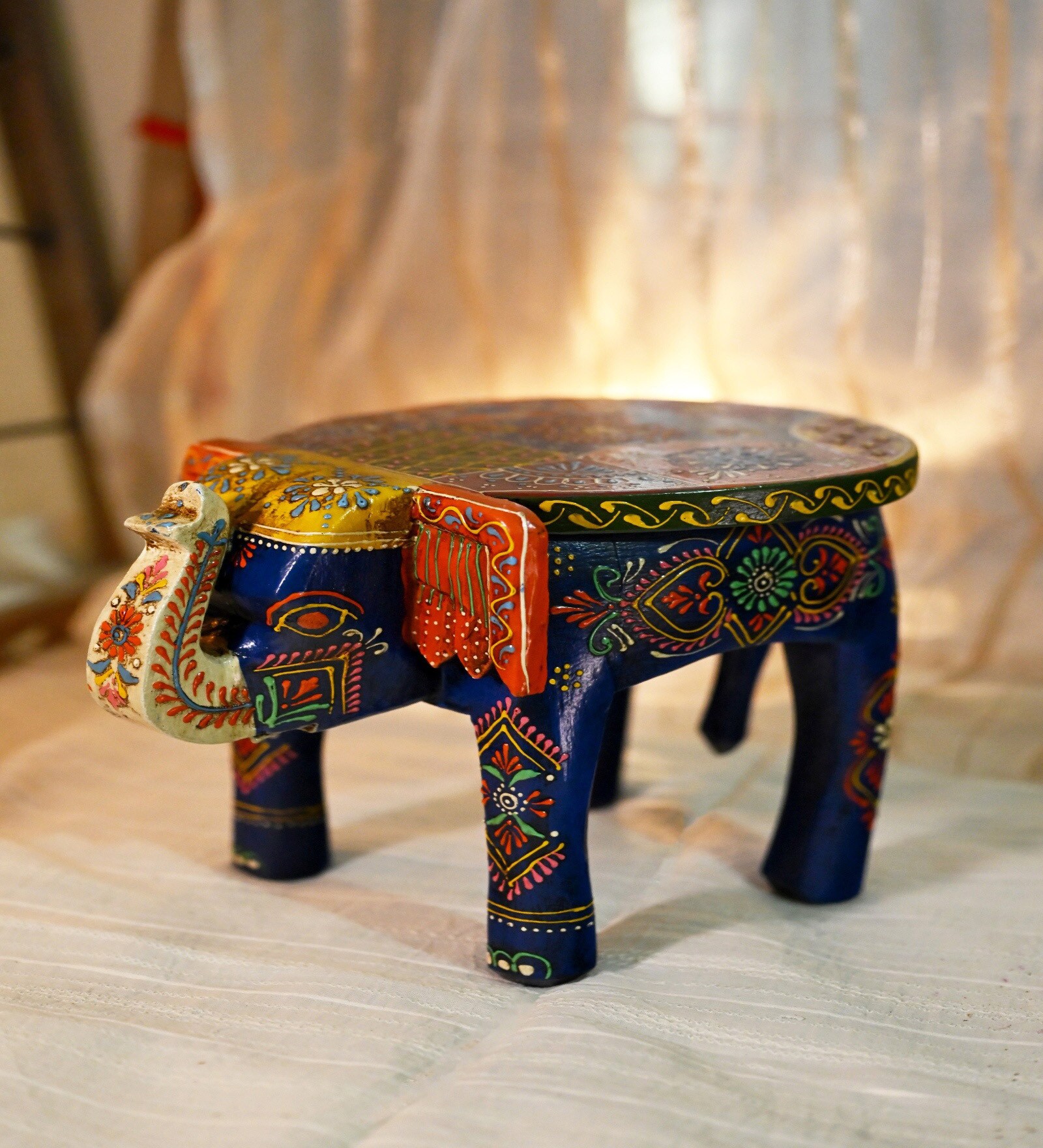 Blue Handpainted Decorative Elephant Chowki