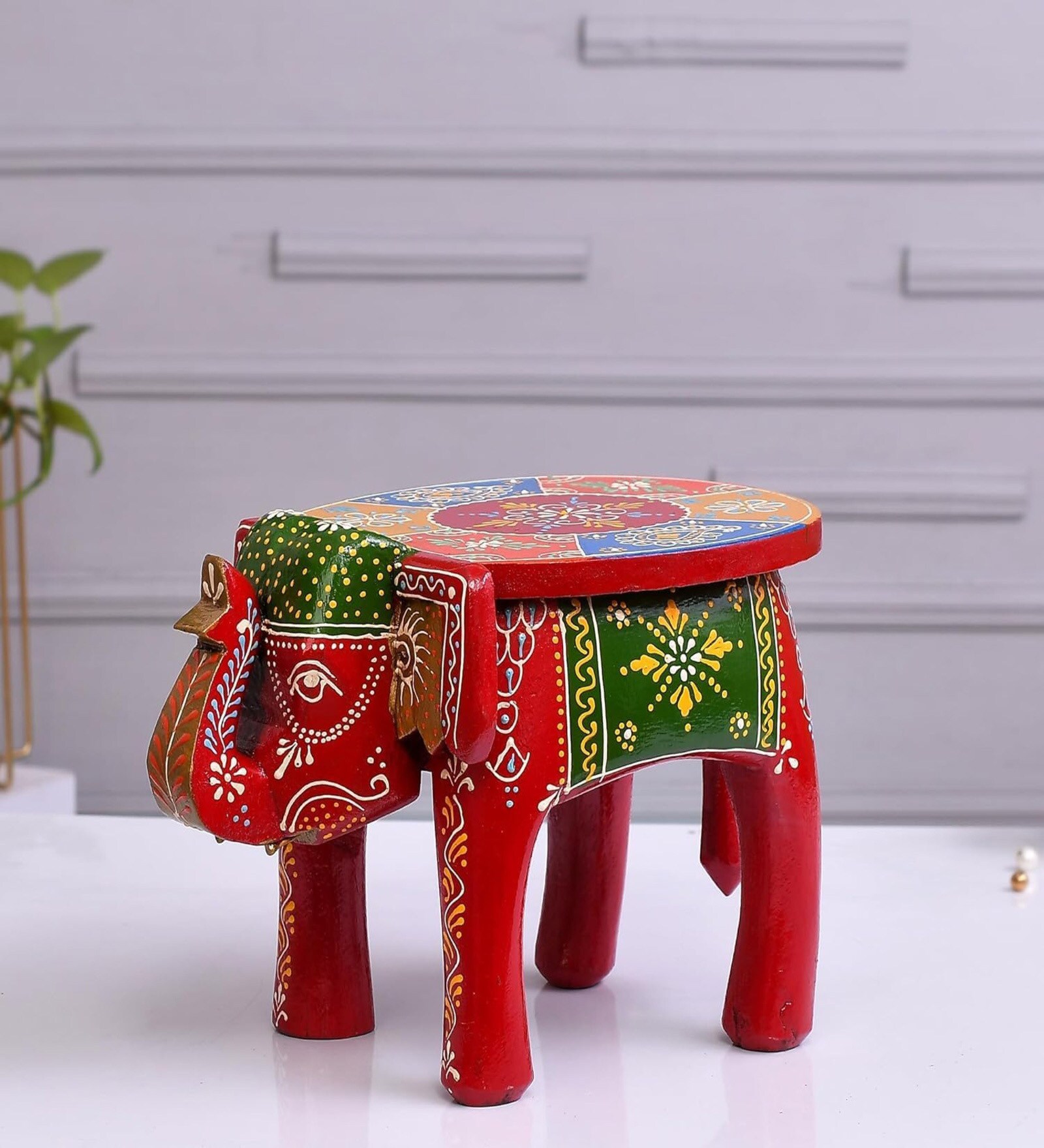 Red Handpainted Decorative Elephant Chowki