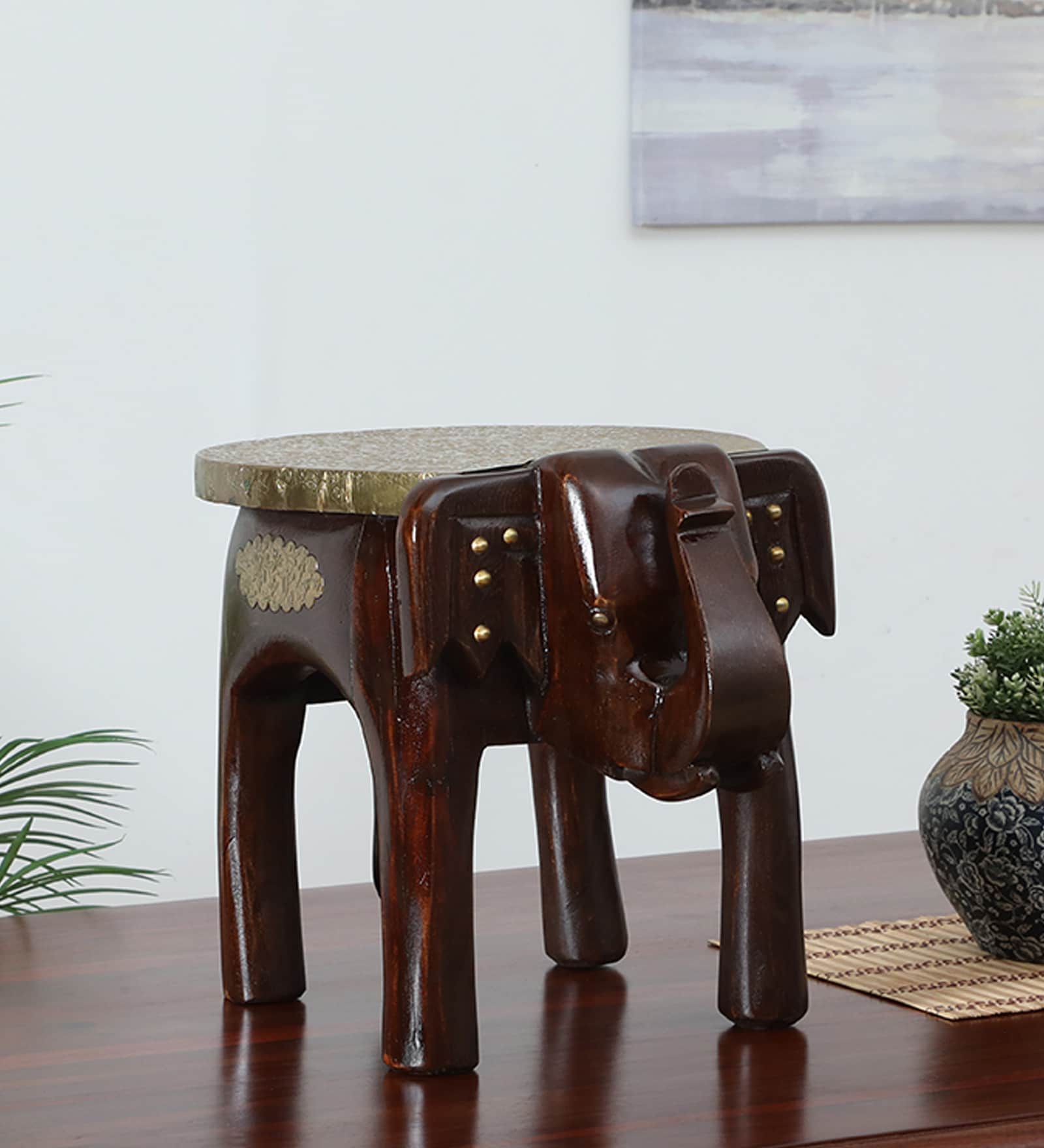 Handpainted Elephant Brown Solid Wood Chowkie