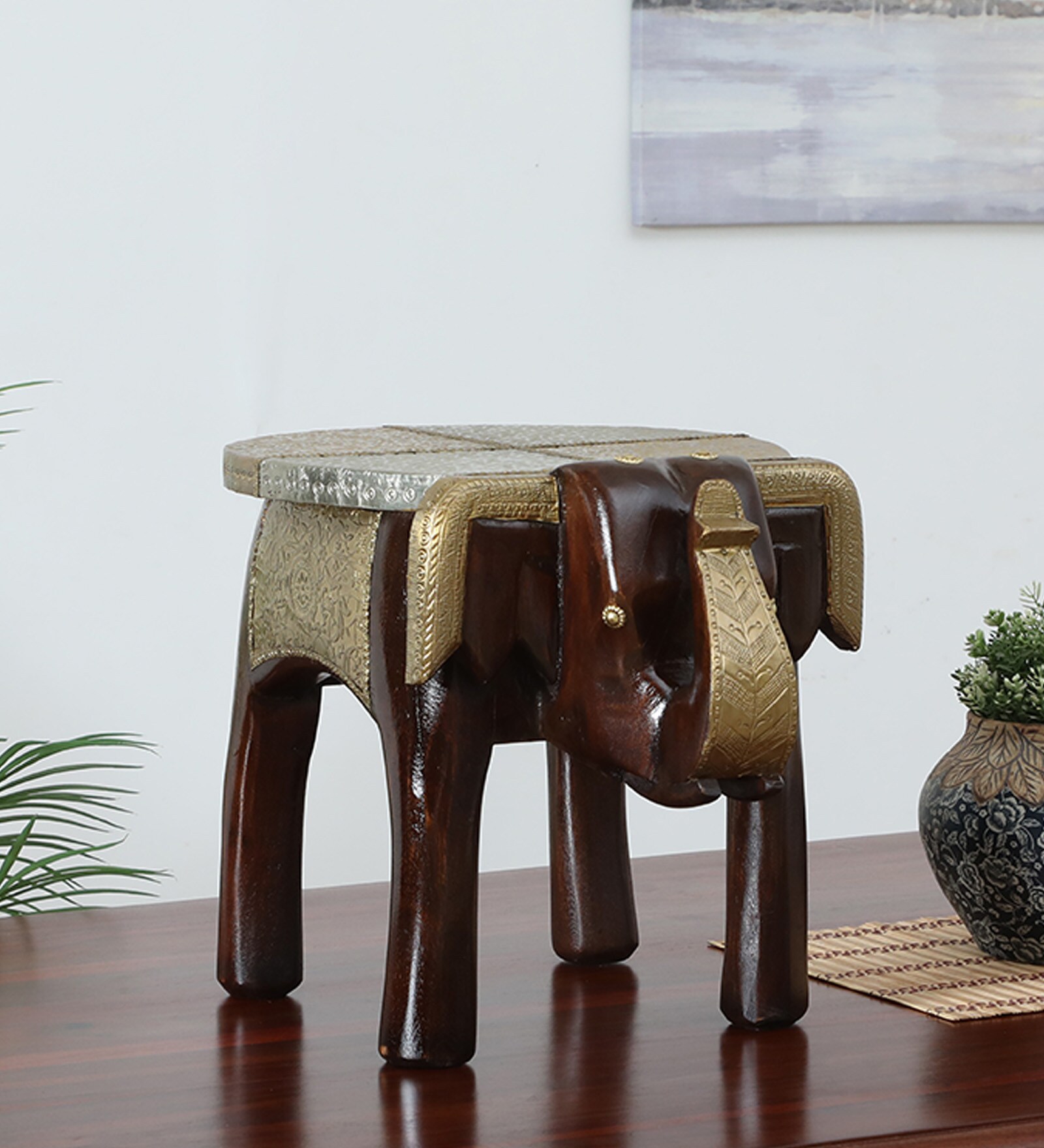 Handpainted Elephant Brown Solid Wood Chowkie