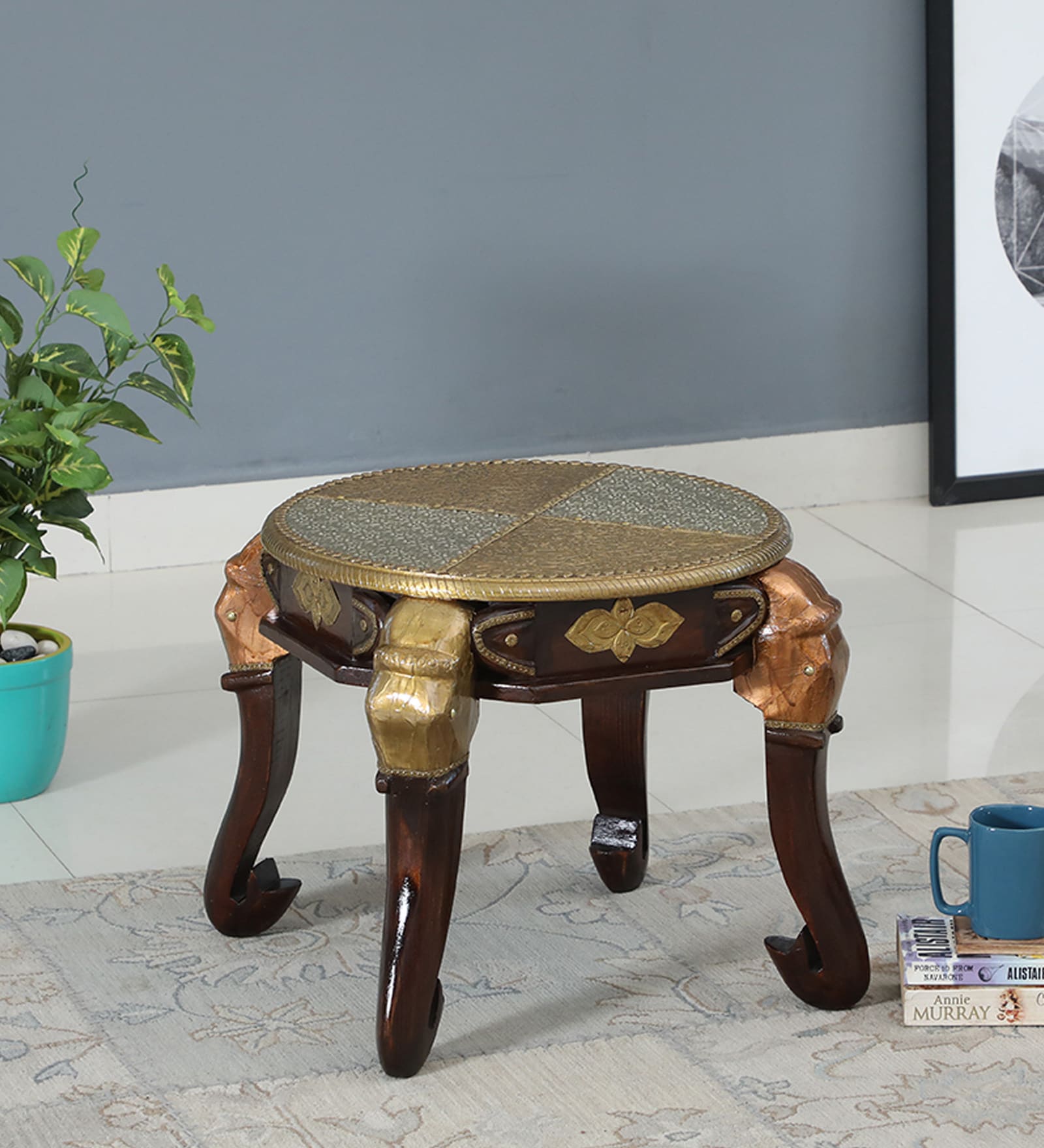 Handpainted Elephant Gold Solid Wood Chowkie