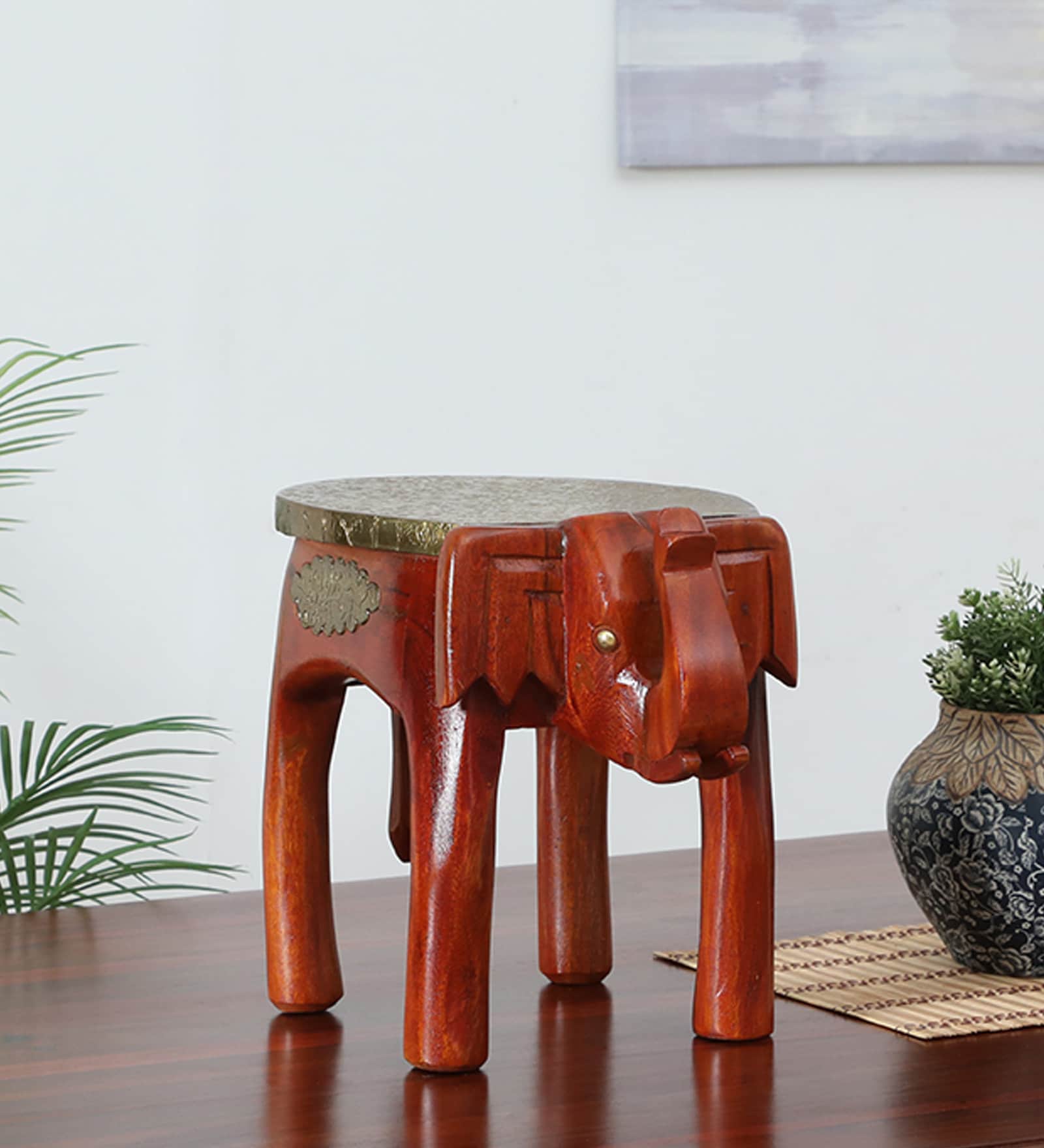 Handpainted Elephant Teak Solid Wood Chowkie