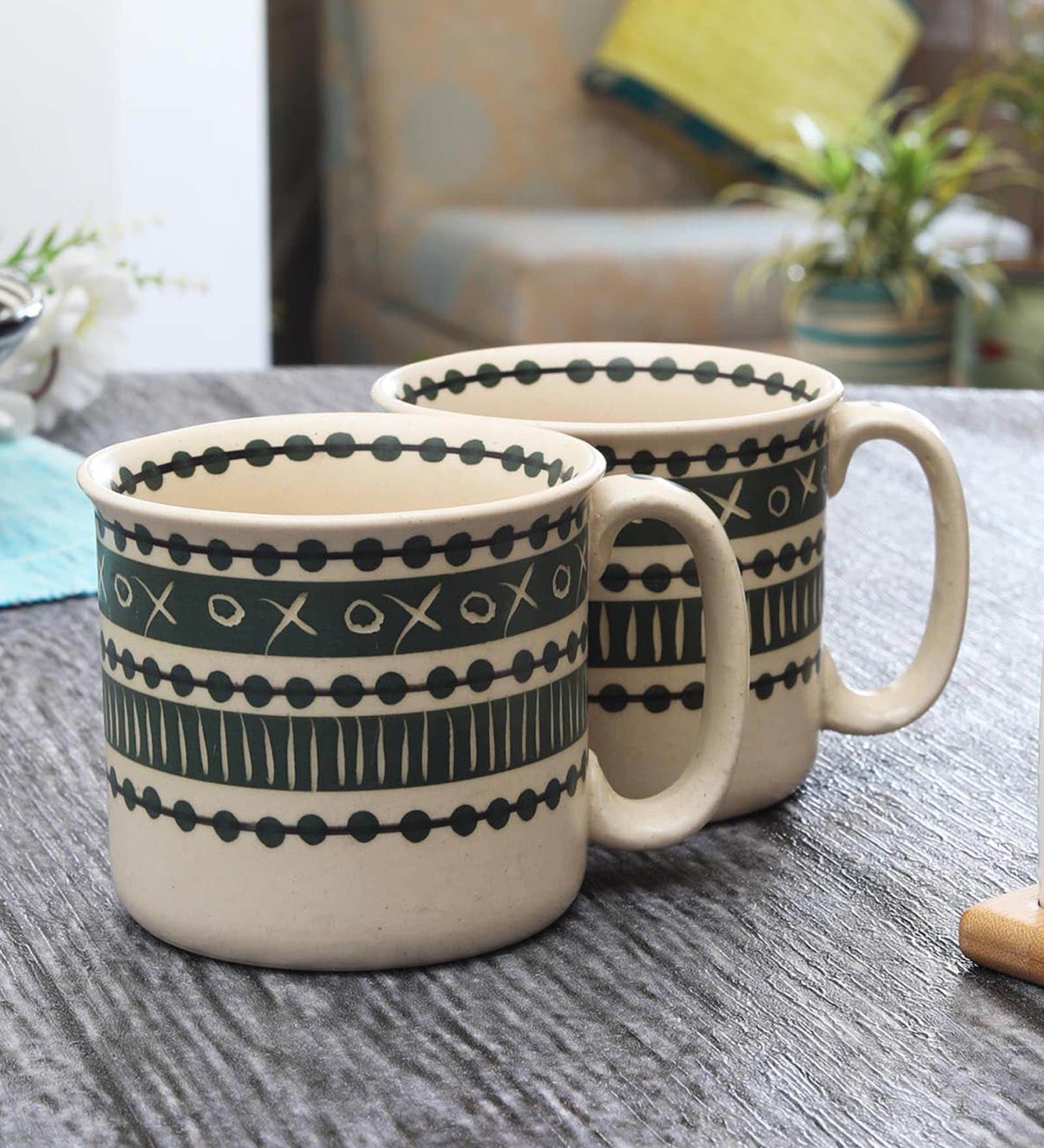 Funky Matte 500ml White & Green Ceramic (Set of 2) Tea Cup