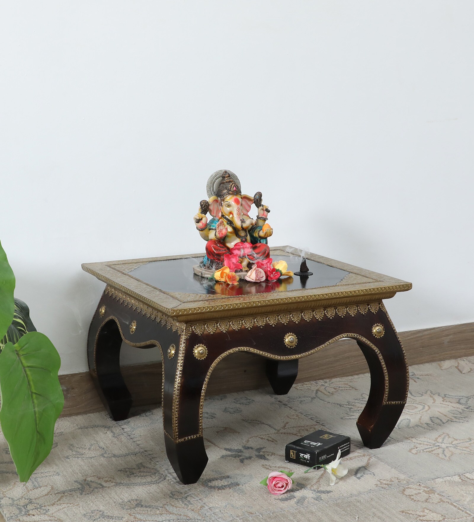 Handpainted Inlay Brass Brown Solid Wood Chowkie