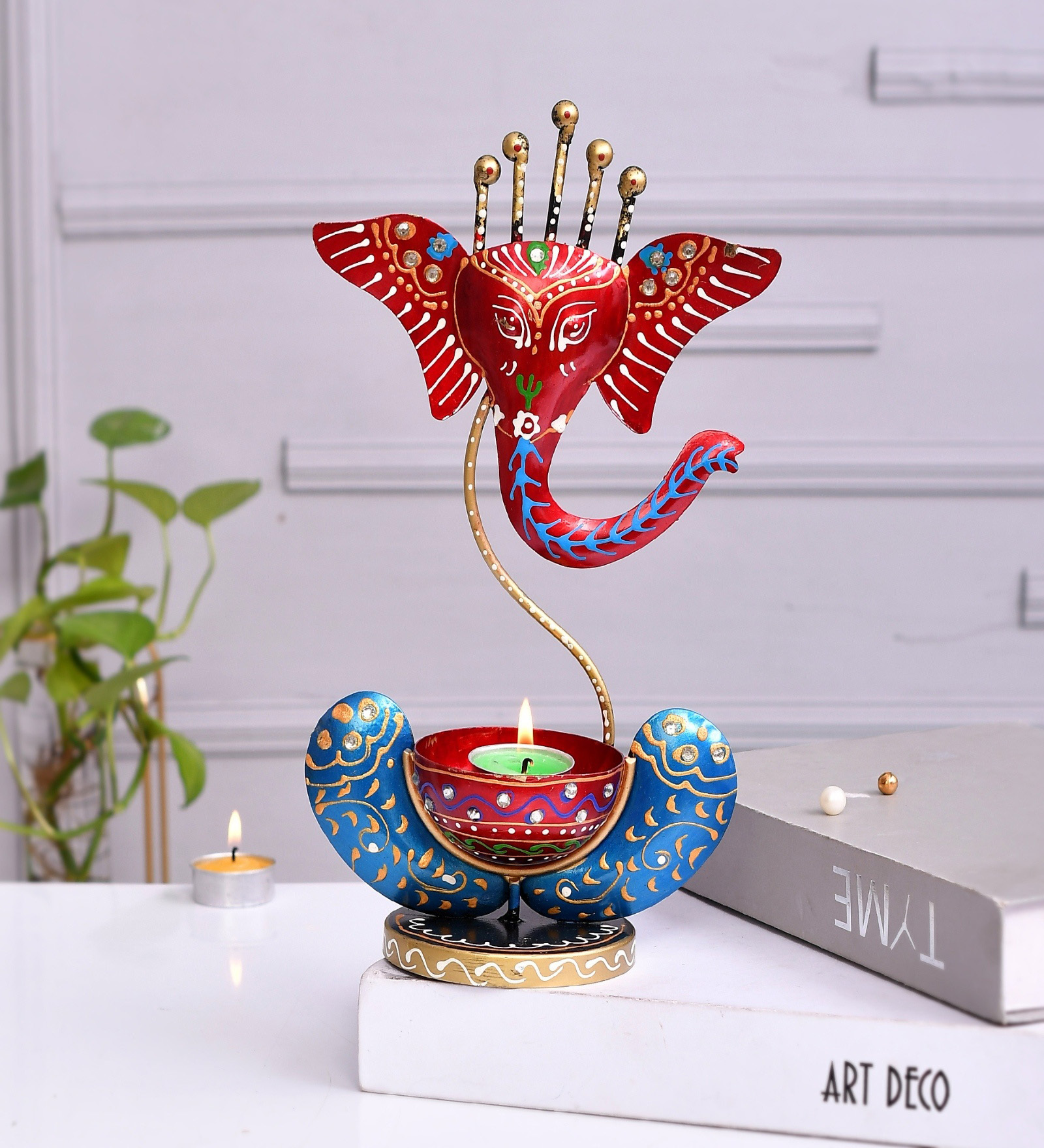 Red Metal Handpainted Ganesh Decorative TeaLight