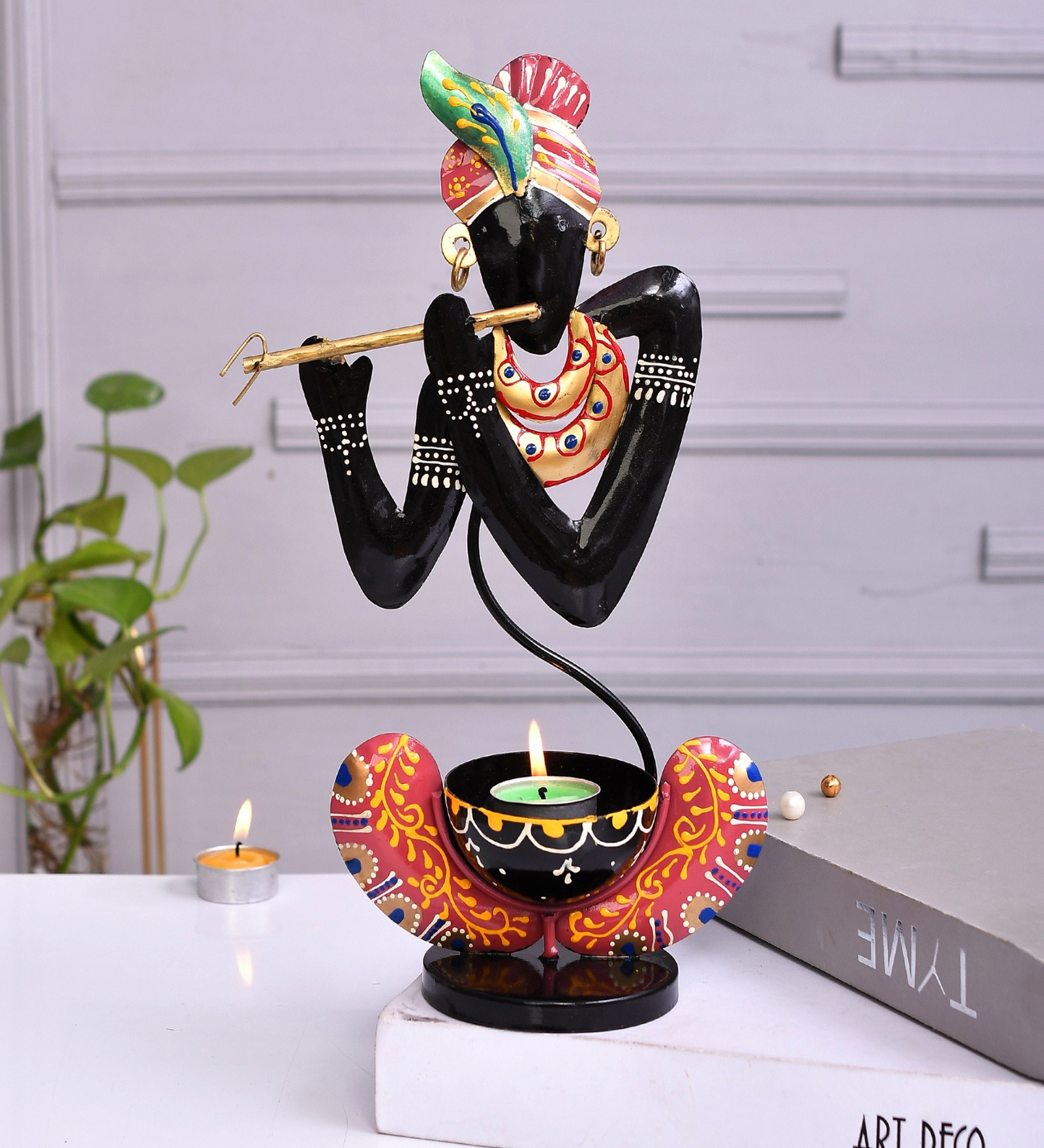 Black Metal Handpainted Krishna Decorative TeaLight