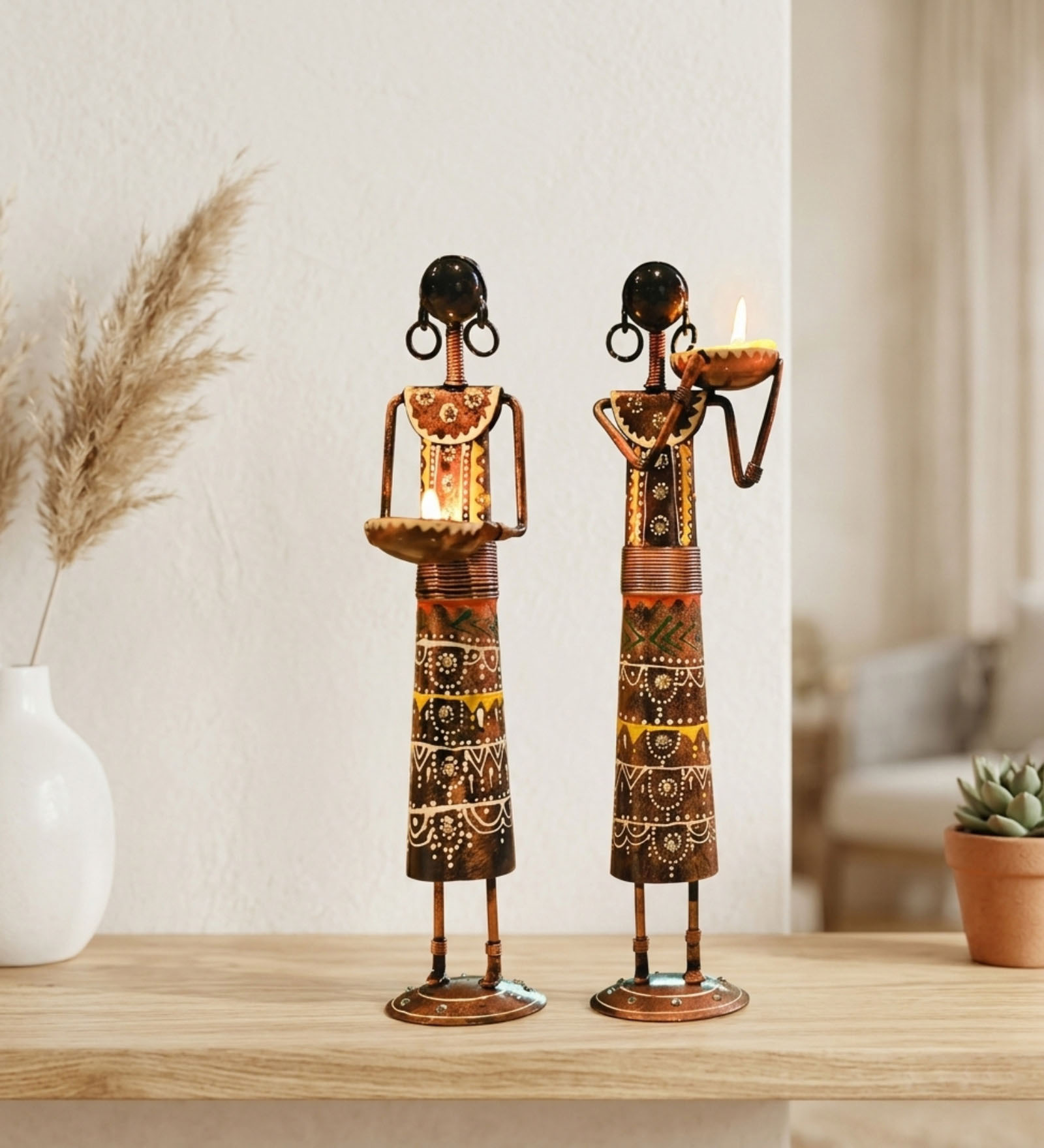 Black Metal Handpainted Labour Lady Figurine Decorative TeaLight Set of 2