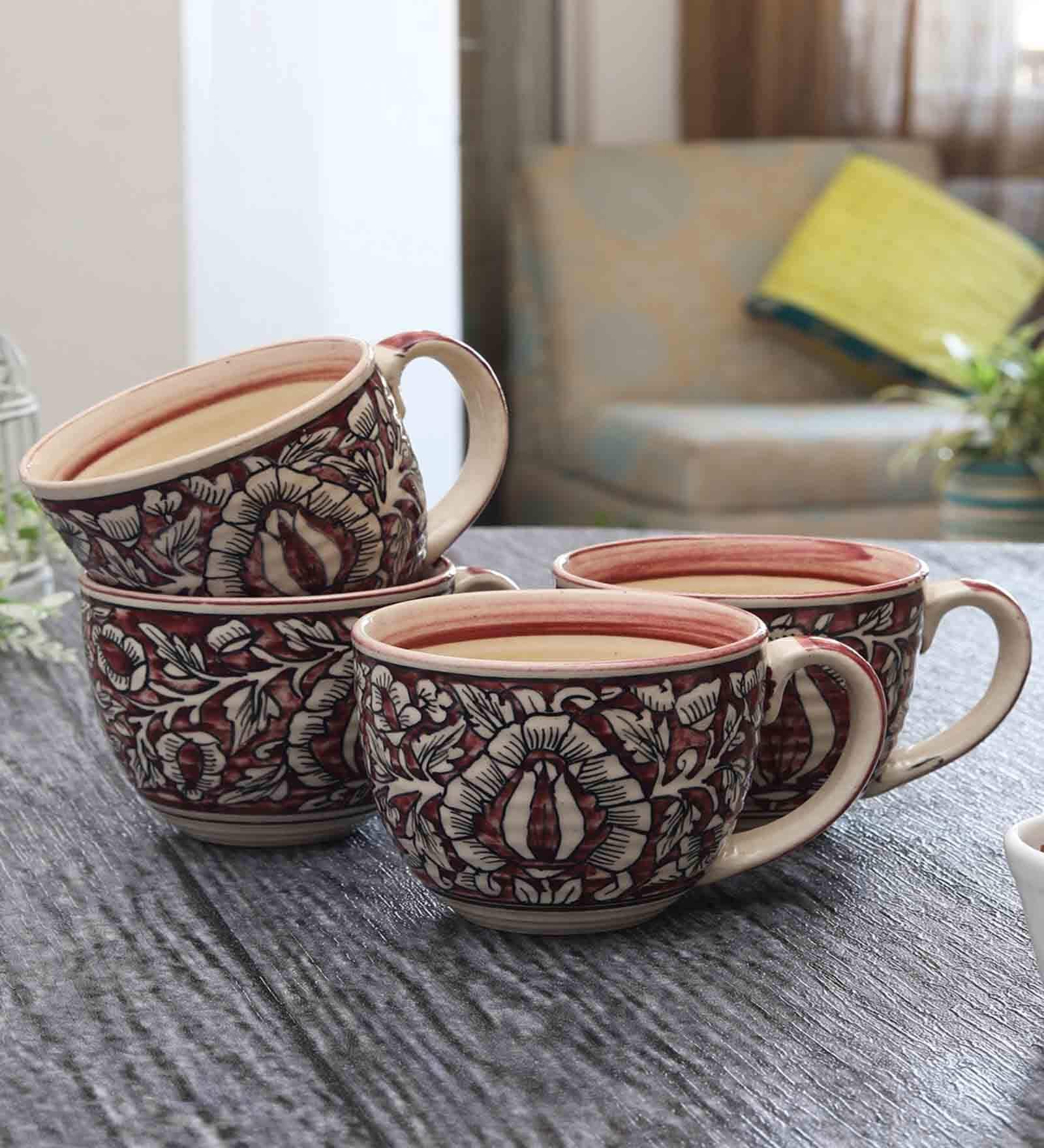 Handpainted Mughal 300ml Pink (Set of 4) Ceramic Coffee Mug