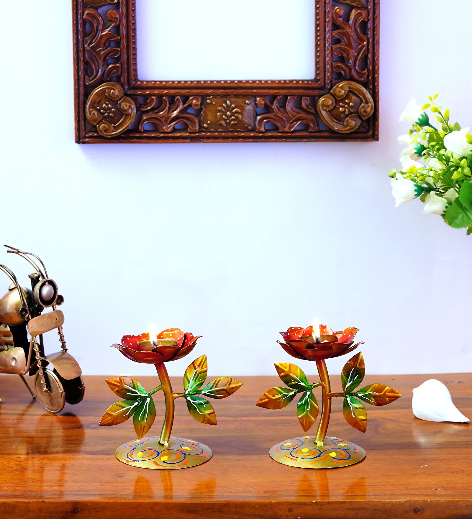 Handpainted set of 2 Red Iron Diya