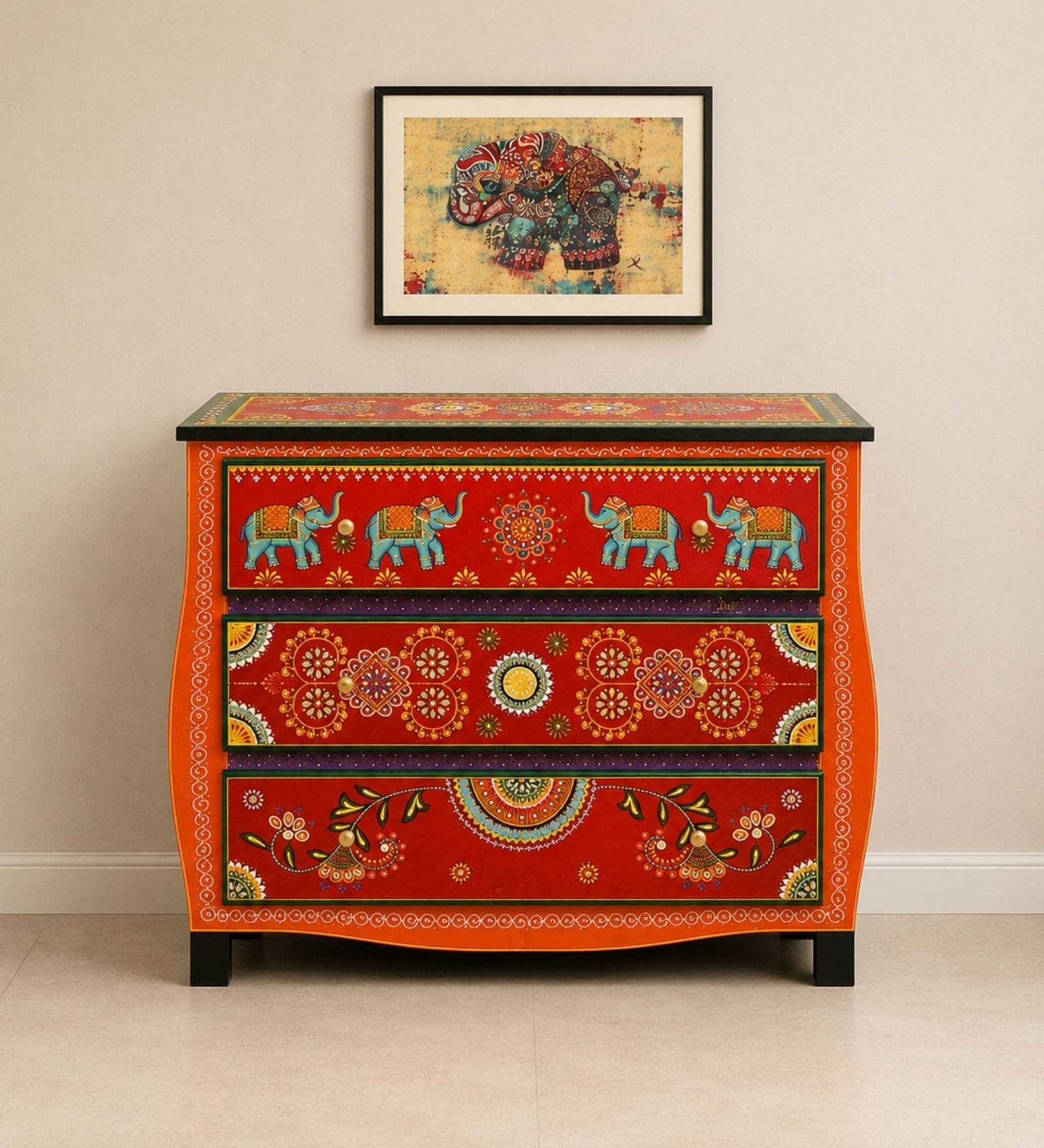 Rangrez Handpainted Solid Wood Chest Of Drawers In Teak Finish Rangrez Handpainted Solid Wood Chest Of Drawers In Teak Finish