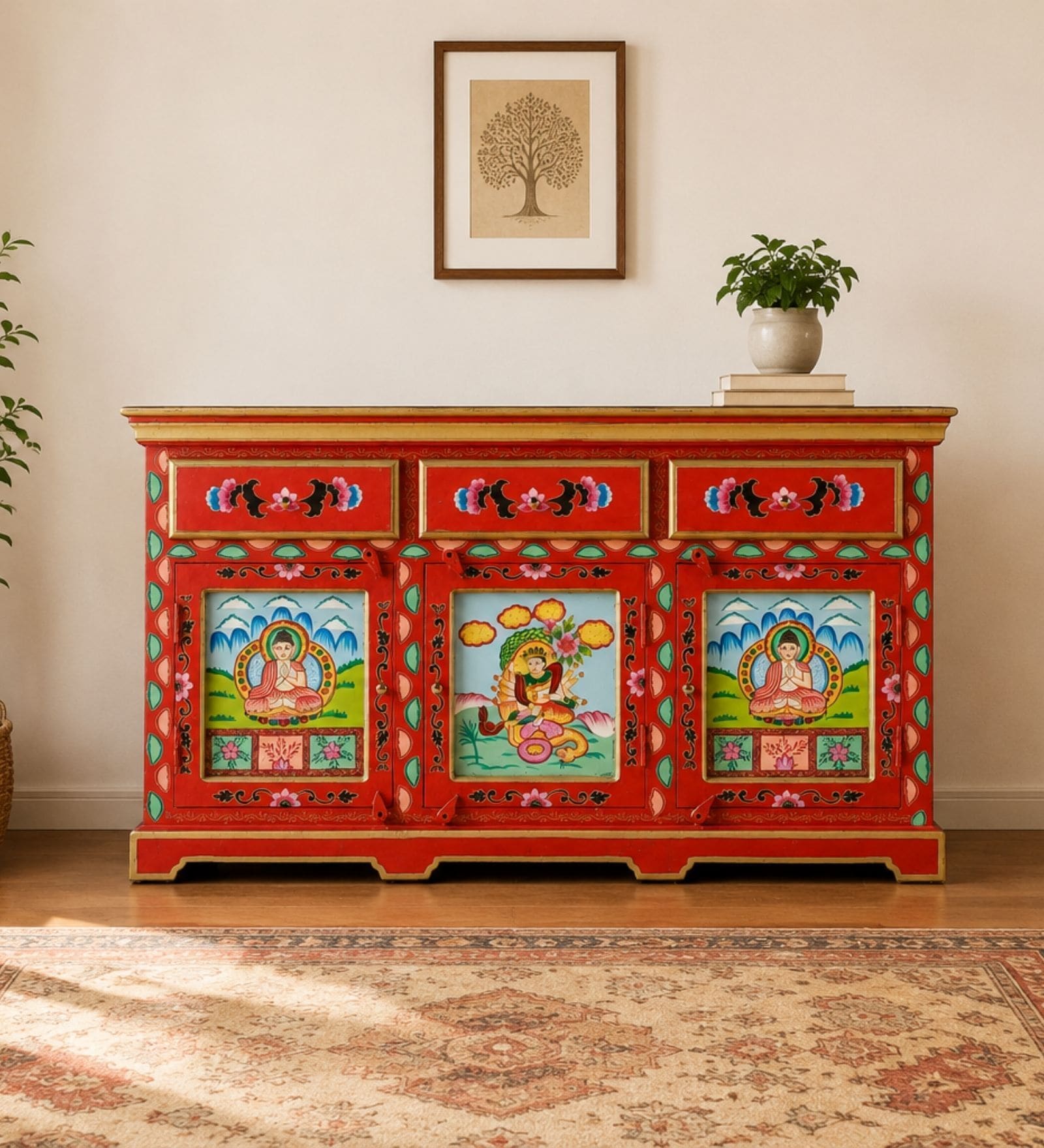 Rangrez Handpainted Wooden Multipurpose Sideboard Cabinet In Teak Finish