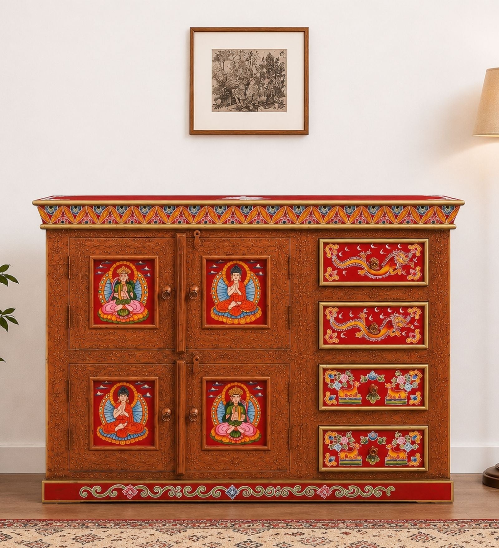 Rangrez Handpainted Wooden Sideboard Storage Cabinet In Teak Finish