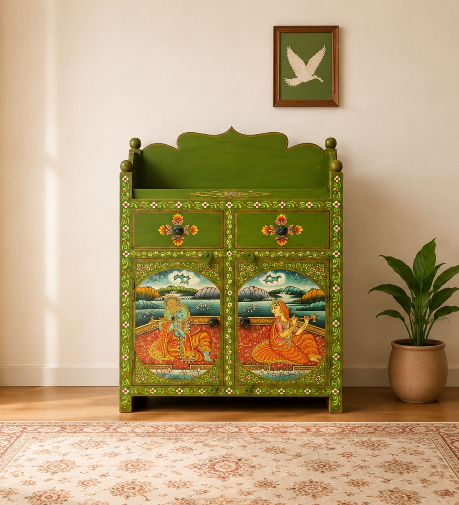 Rangrez Handpainted Wooden Sideboard Storage Cabinet In Teak Finish