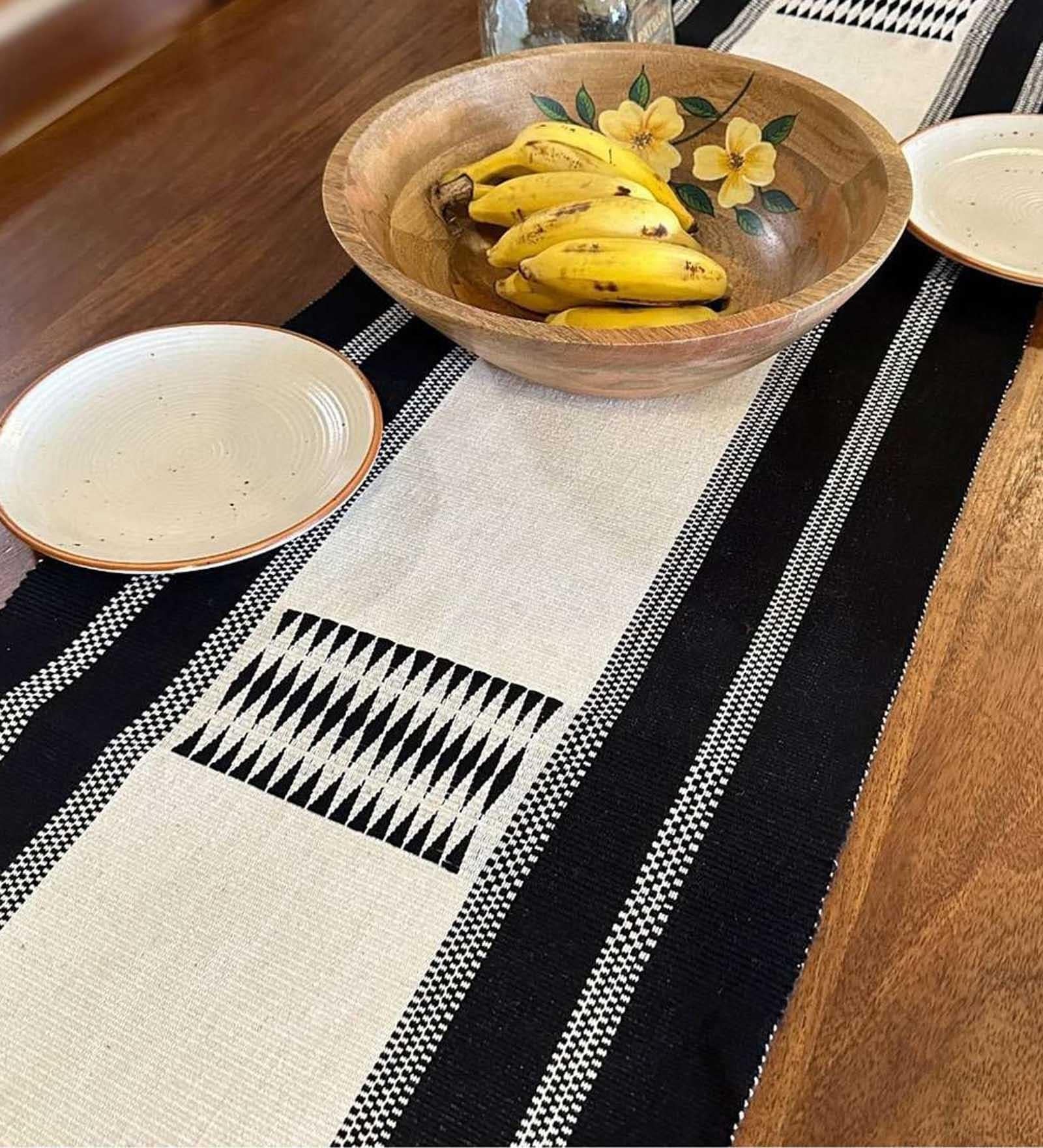 Handwoven Pure Cotton Striped Pattern Heat Resistant Anti Skid Washable Black & White  6 Seater(12x72inches) Dining Table Runner