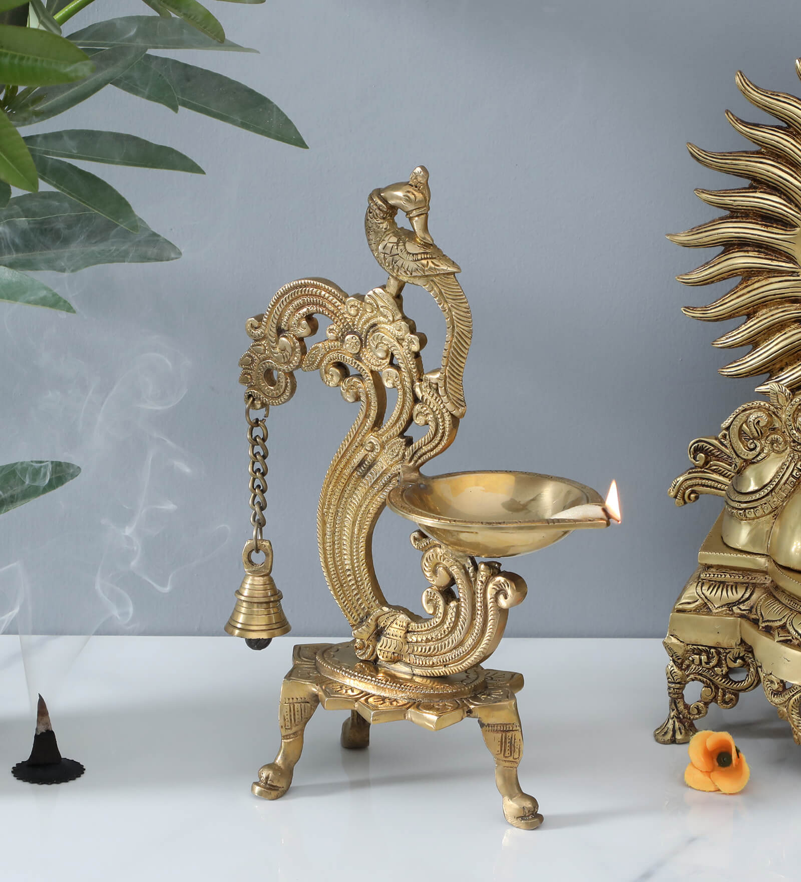 Bell Gold Brass Diya with Bell