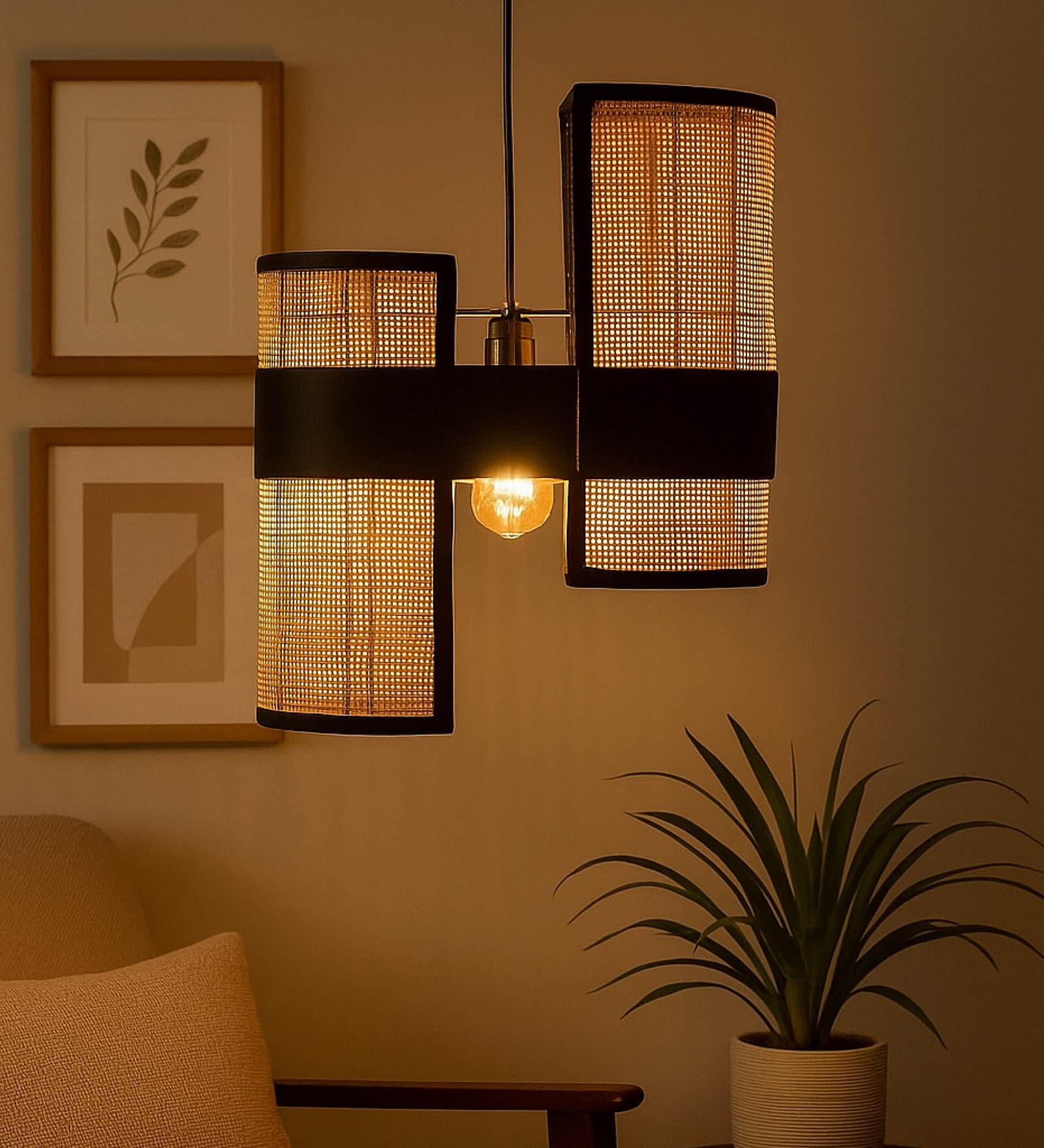 Cane & Bamboo Abstract Hanging Light (Brown,L47xW21xH39 Cm)