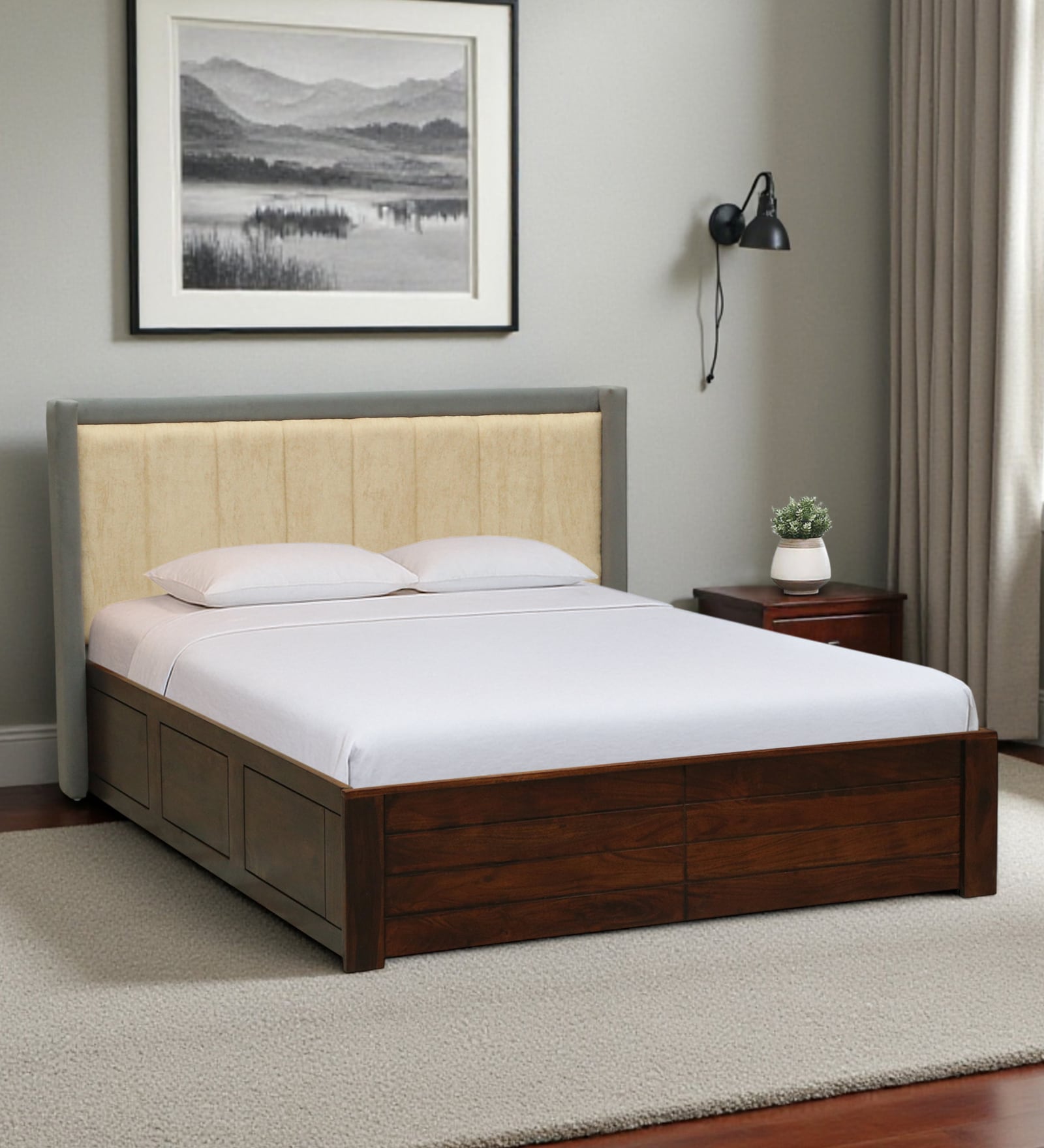 Hannut Sheesham Wood Queen Size Bed In Provincial Teak Finish With Box Storage