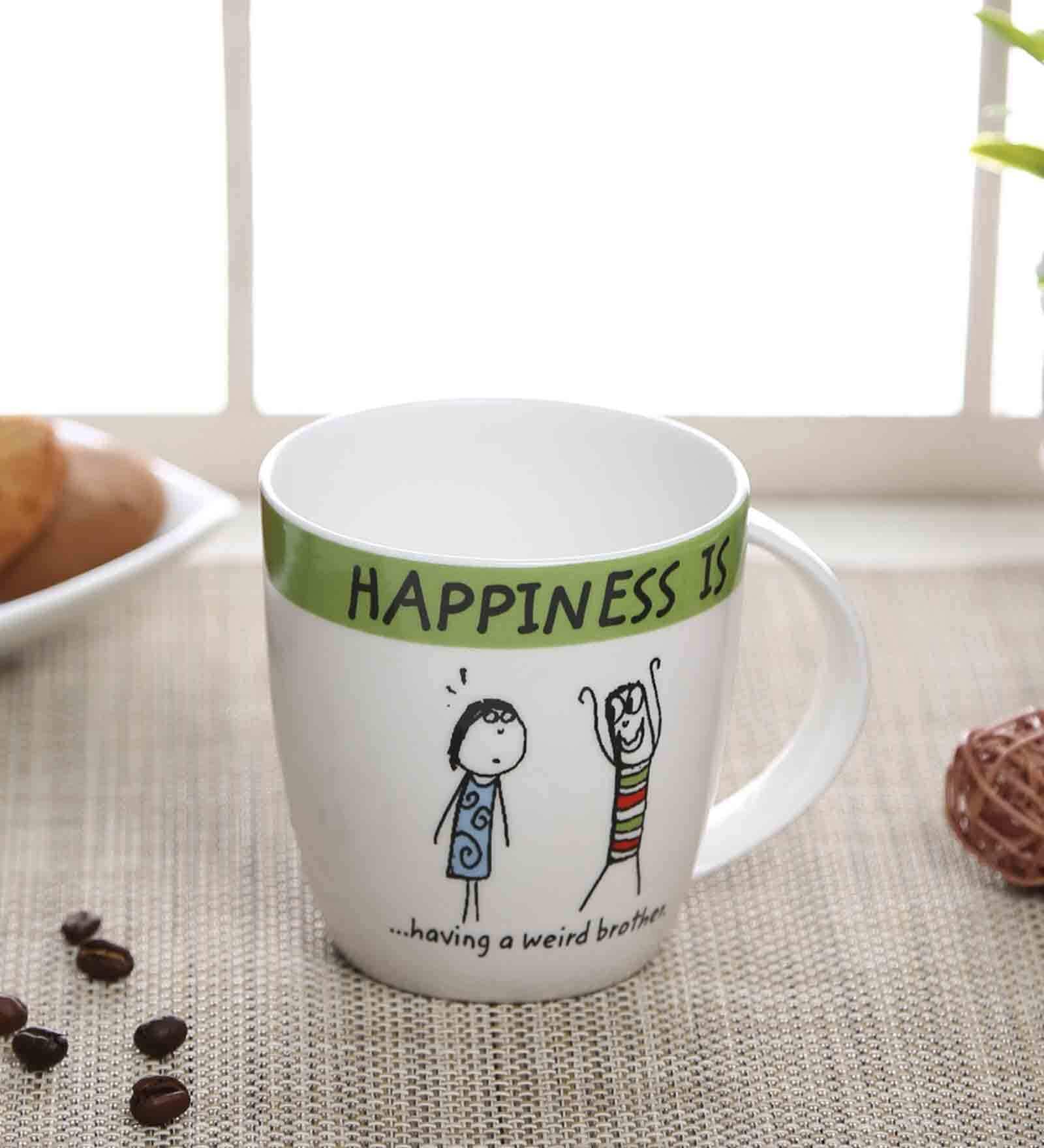 Happiness Quotes 180ml White & Green Ceramic (Set of 2) Coffee Mug