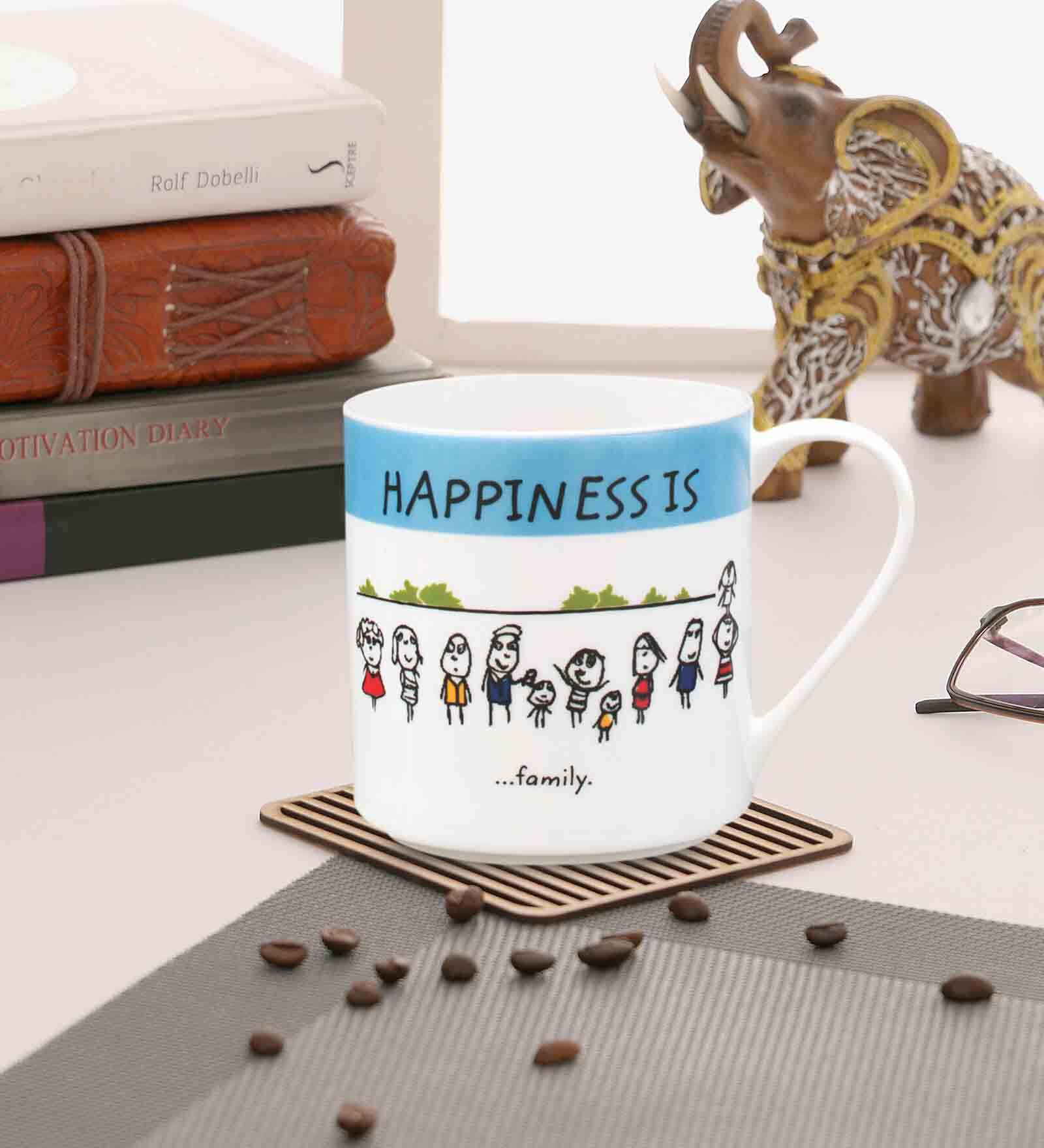 Happiness Quotes 260ml White & Blue (Set of 2) Ceramic Coffee Mug
