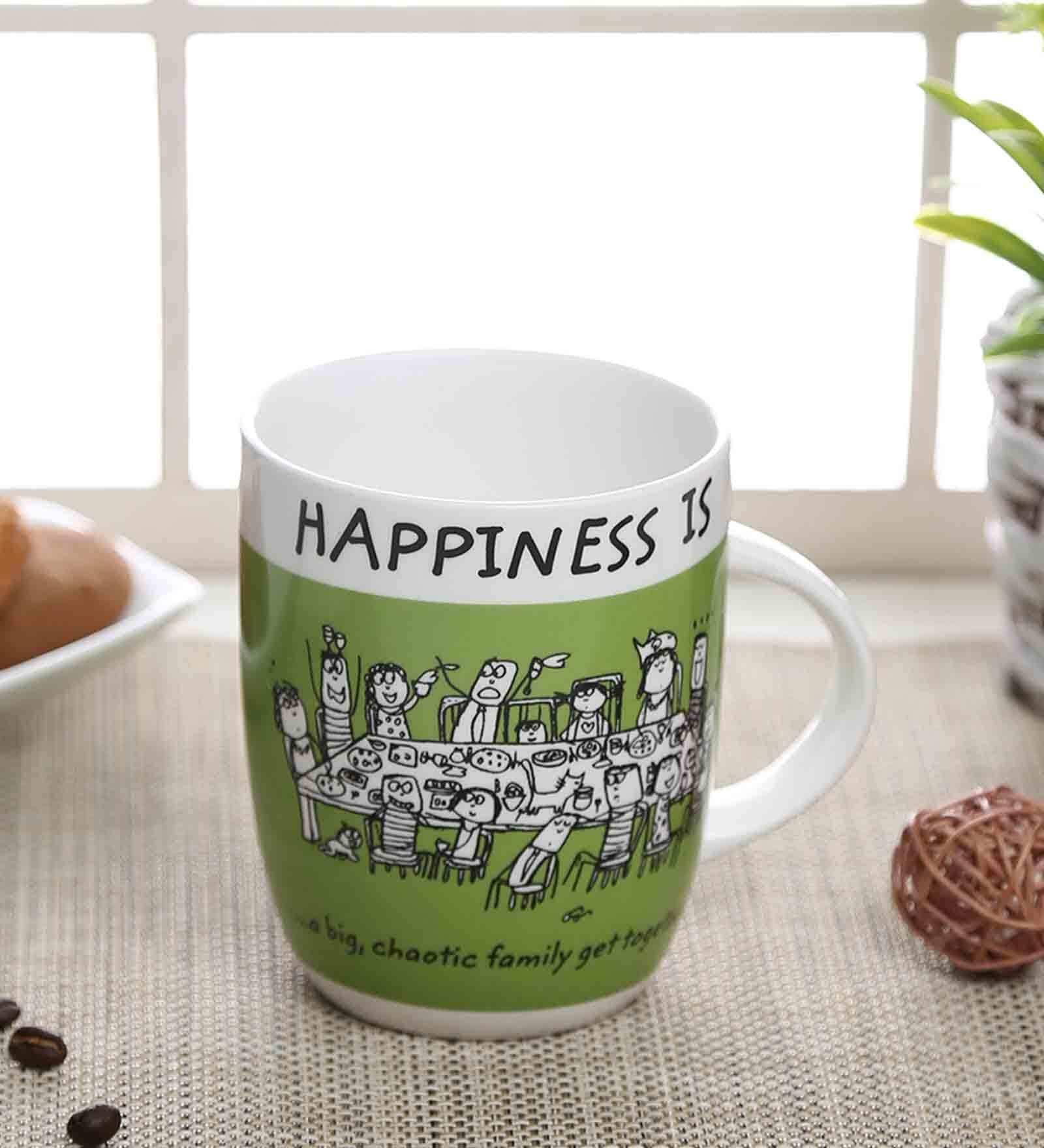 Happiness Quotes 300ml Green & White Ceramic (Set of 2) Coffee Mug