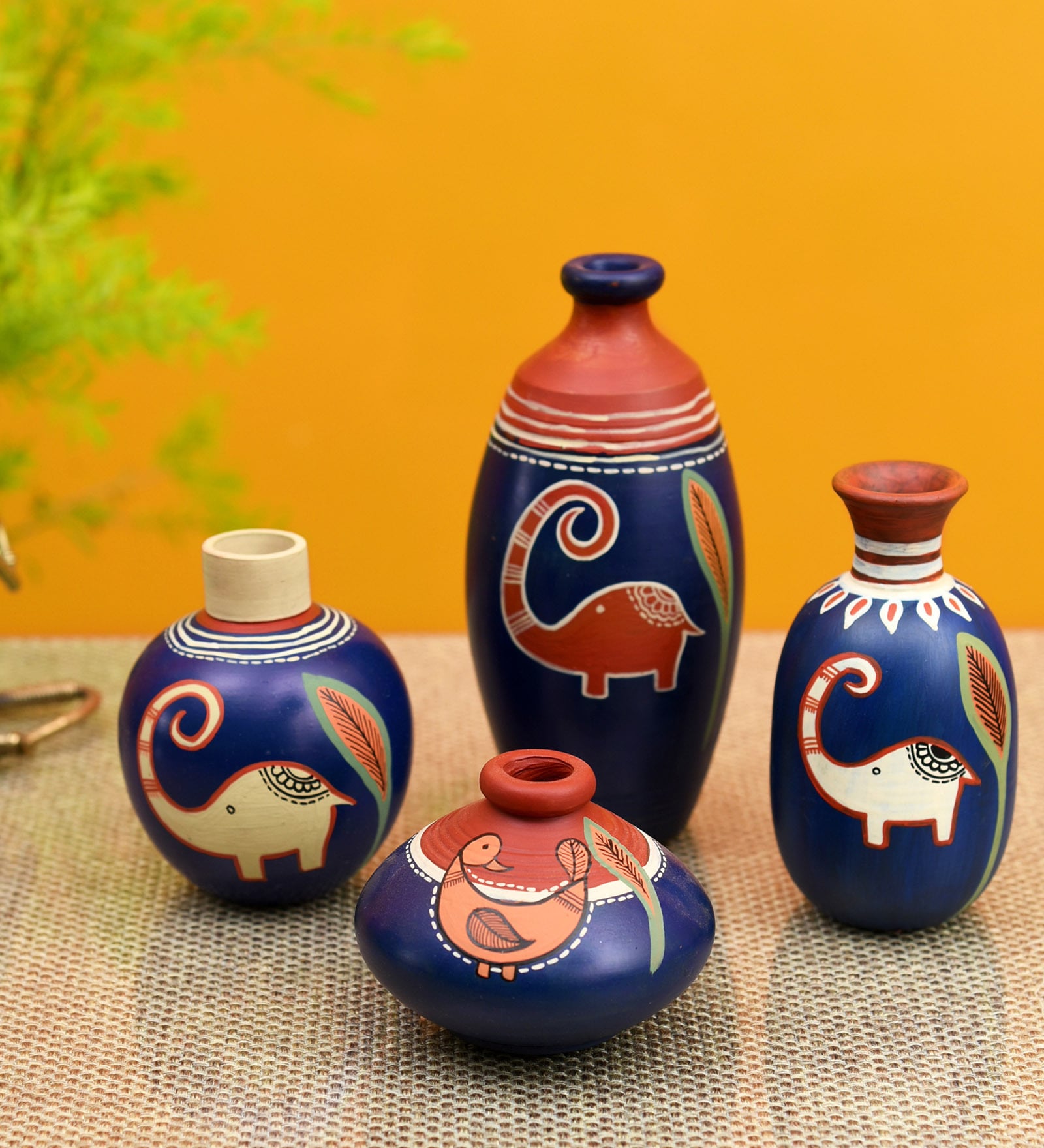 Happy Elephant (Set Of 4) Blue & Red Terracotta Table Vase