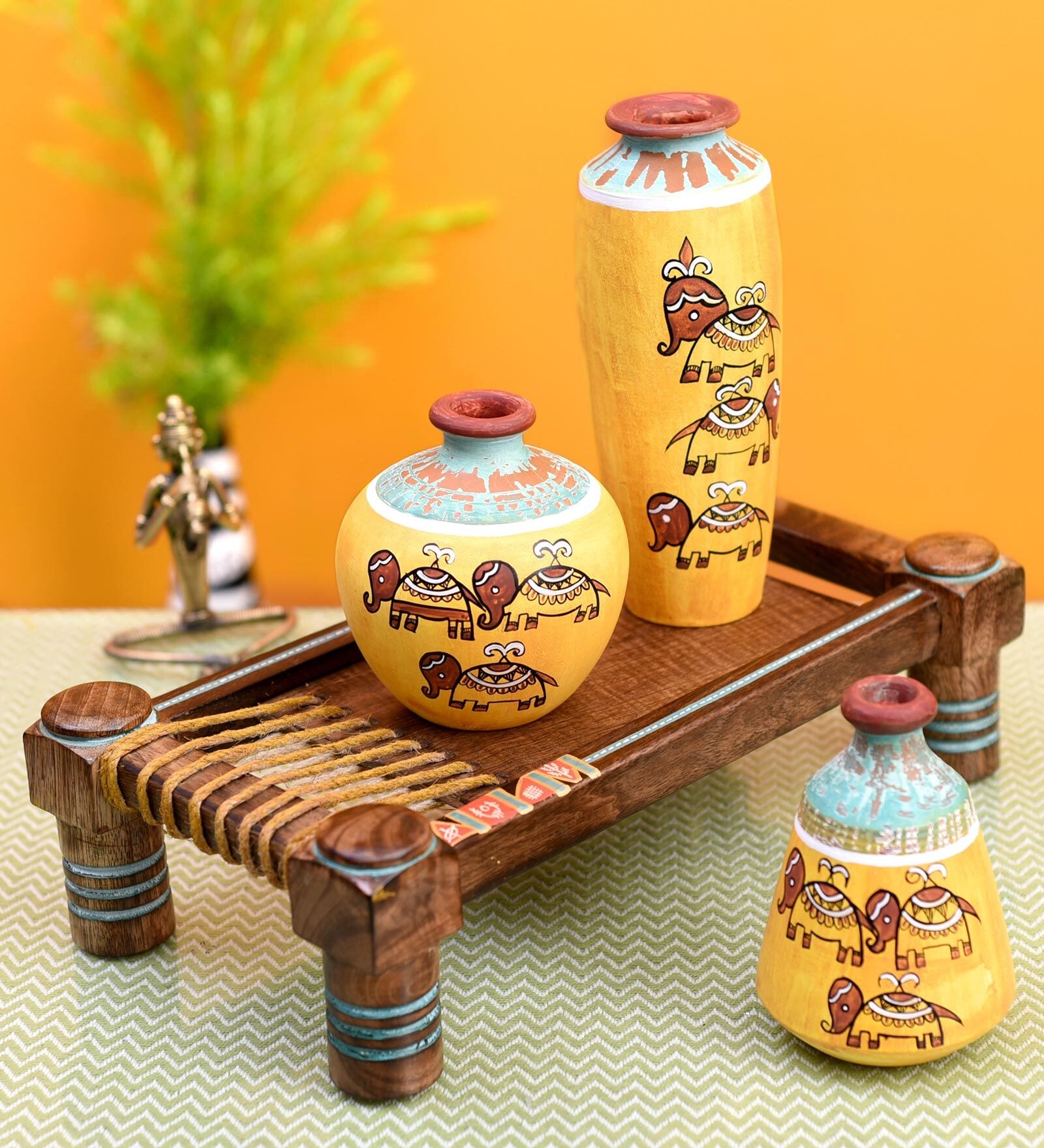 Happy Elephant (Set Of 4) Brown & Yellow Terracotta & Wood Table Vase With Charpai Stand