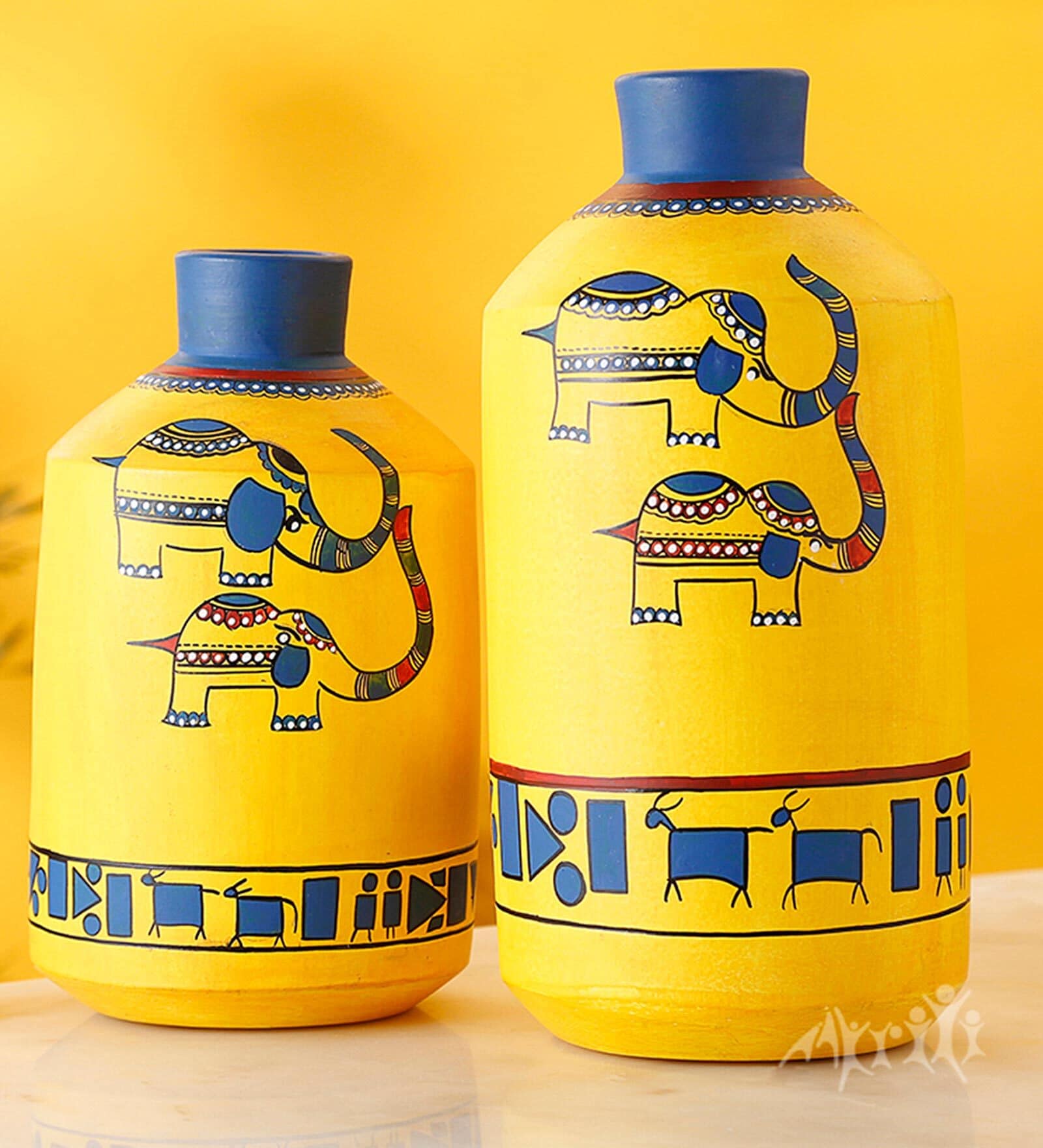 Happy Elephant Madhubani (Set Of 2) Yellow Terracotta Table Vase