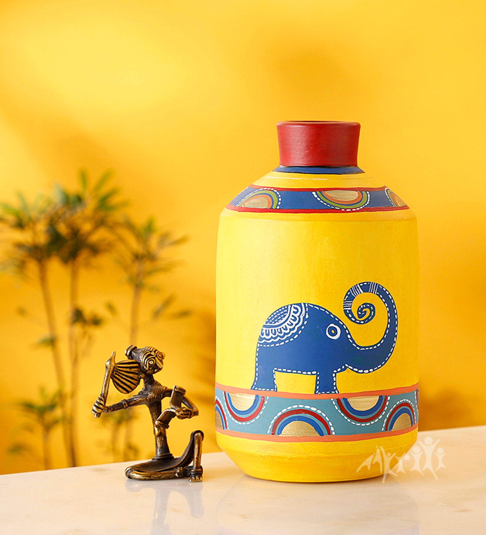 Happy Elephants Madhubani Yellow Terracotta Table Vase