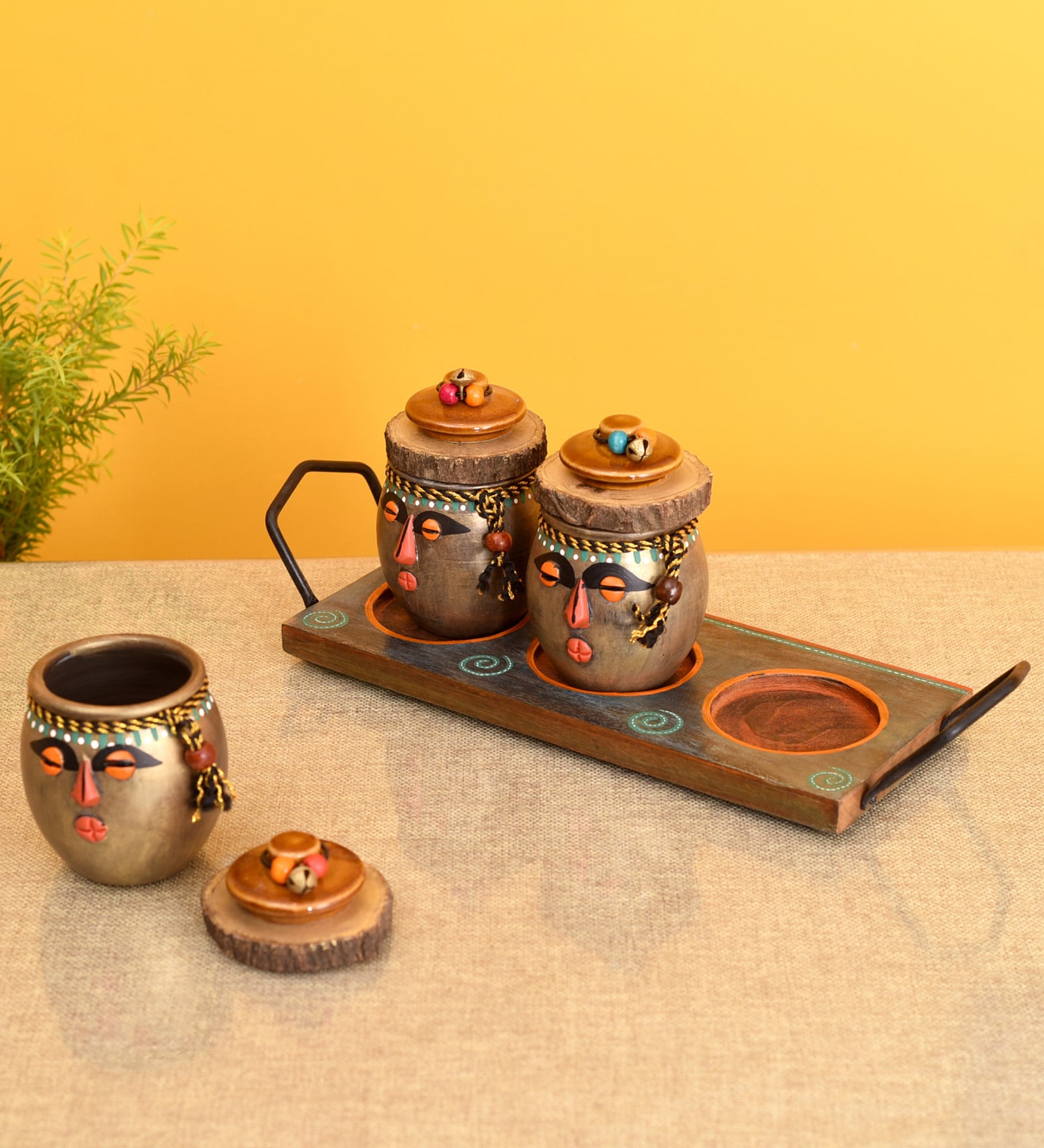 Crafted Multicolor Terracotta and Wood 3 Pcs Condiment Jars With Stand