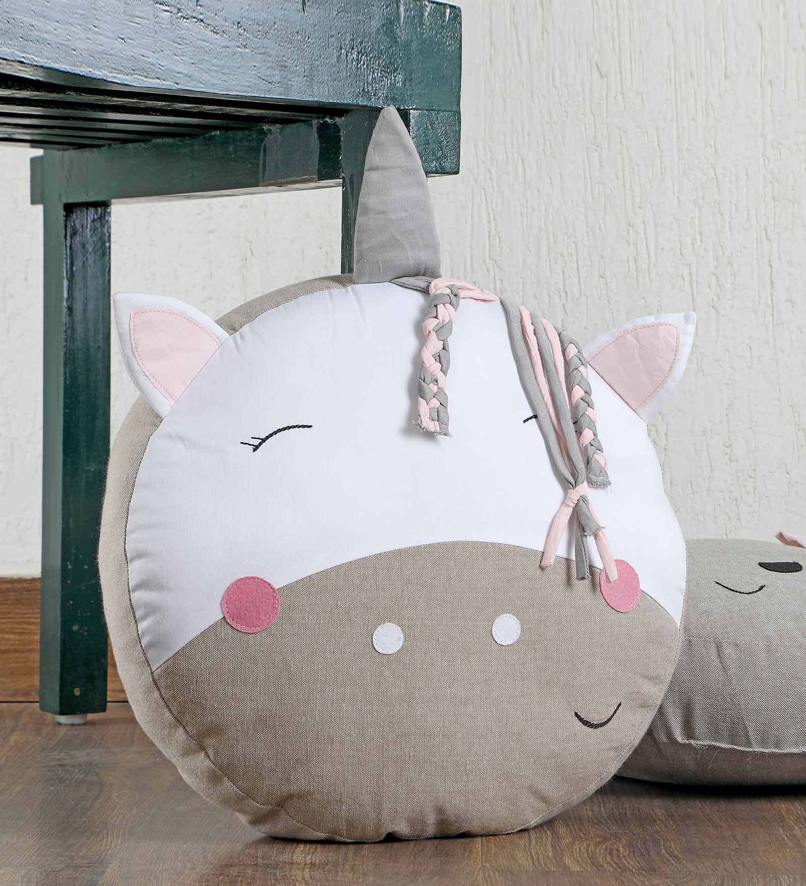 Beige and White Linen Happy Unicorn Shaped Pillow