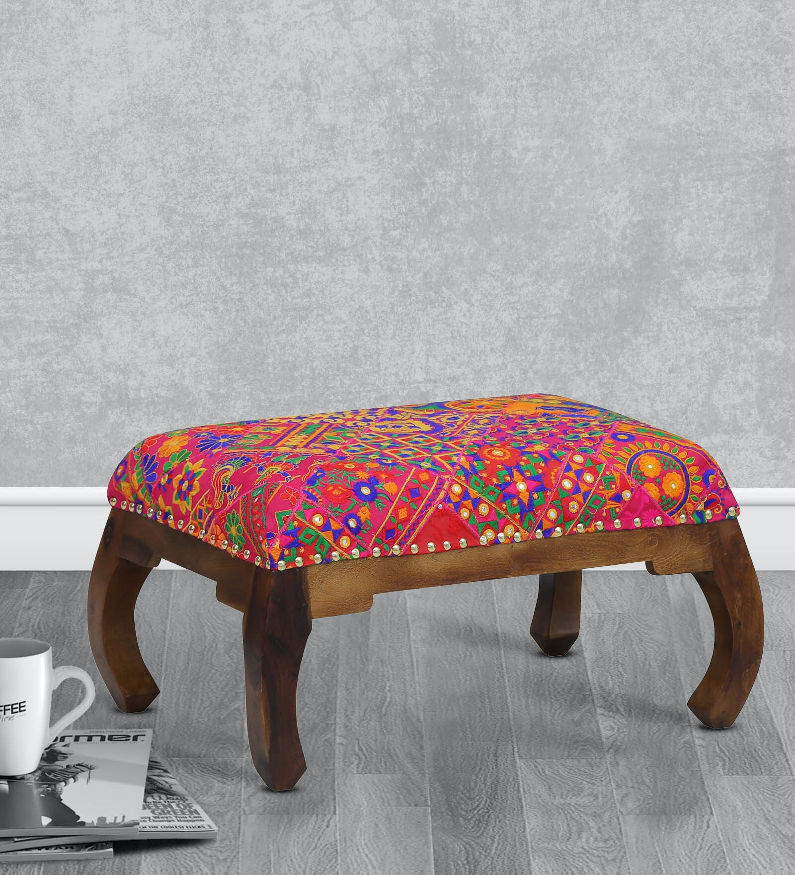 Padmanabh Fabric Foot Stool in Provincial Teak Finish