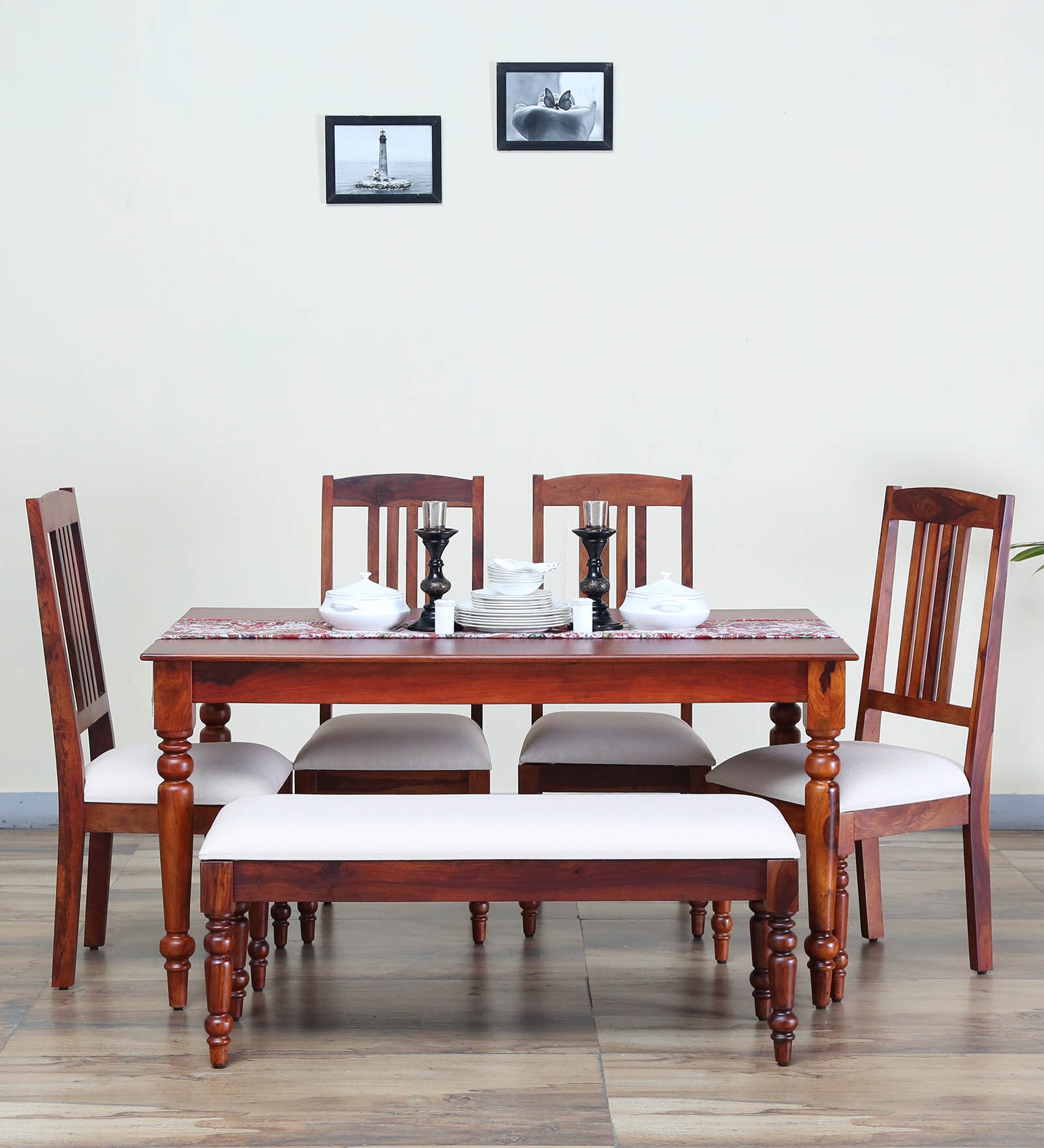 Harleston Solid Wood Six Seater Dining Set with Bench in Honey Oak Finish