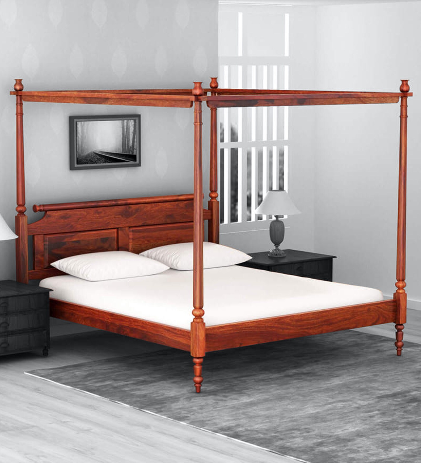 Harleston Sheesham Wood King Size Poster Bed in Honey Oak