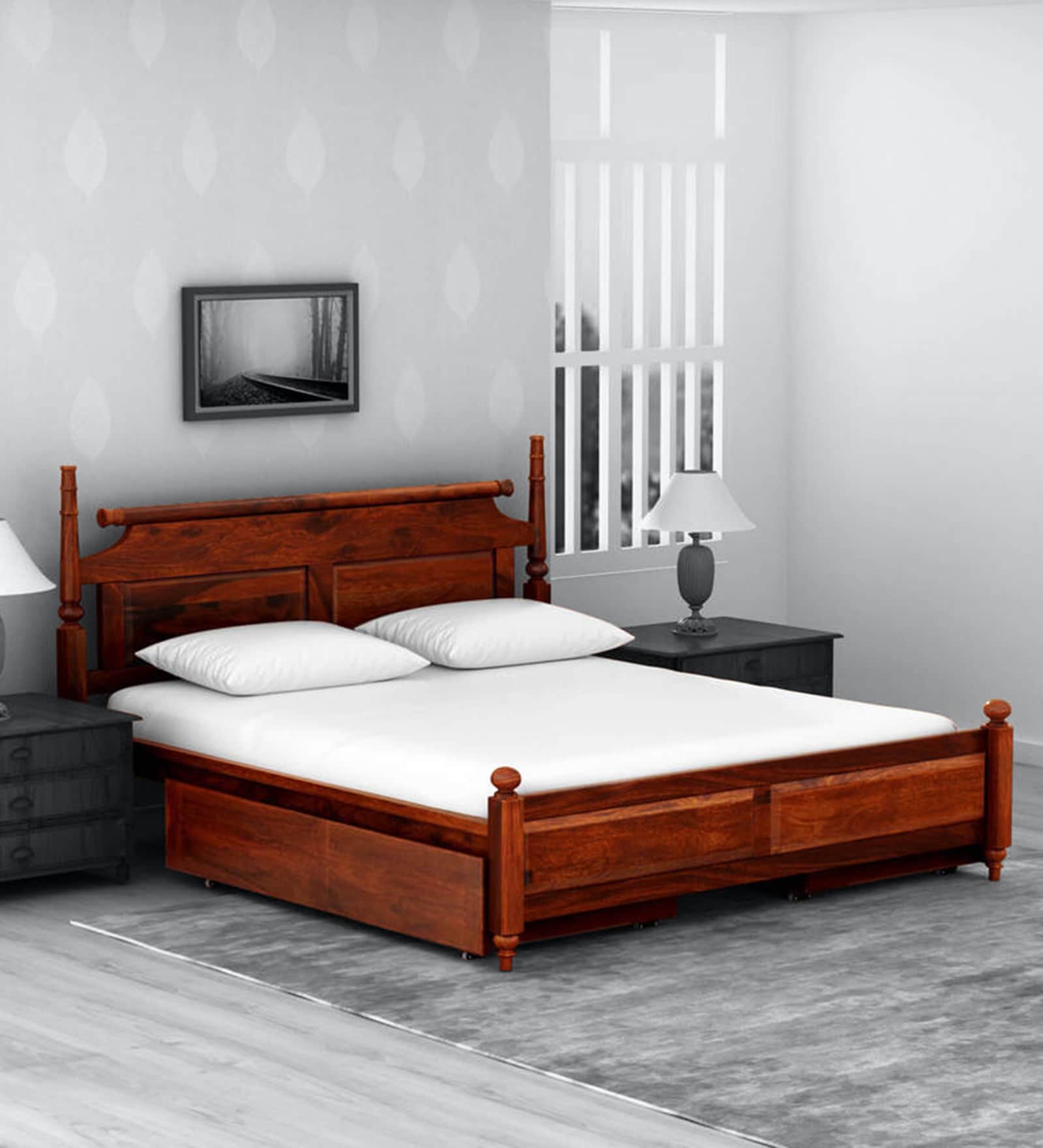 Buy Harleston Solid Wood Queen Size Bed With Drawer Storage In Honey