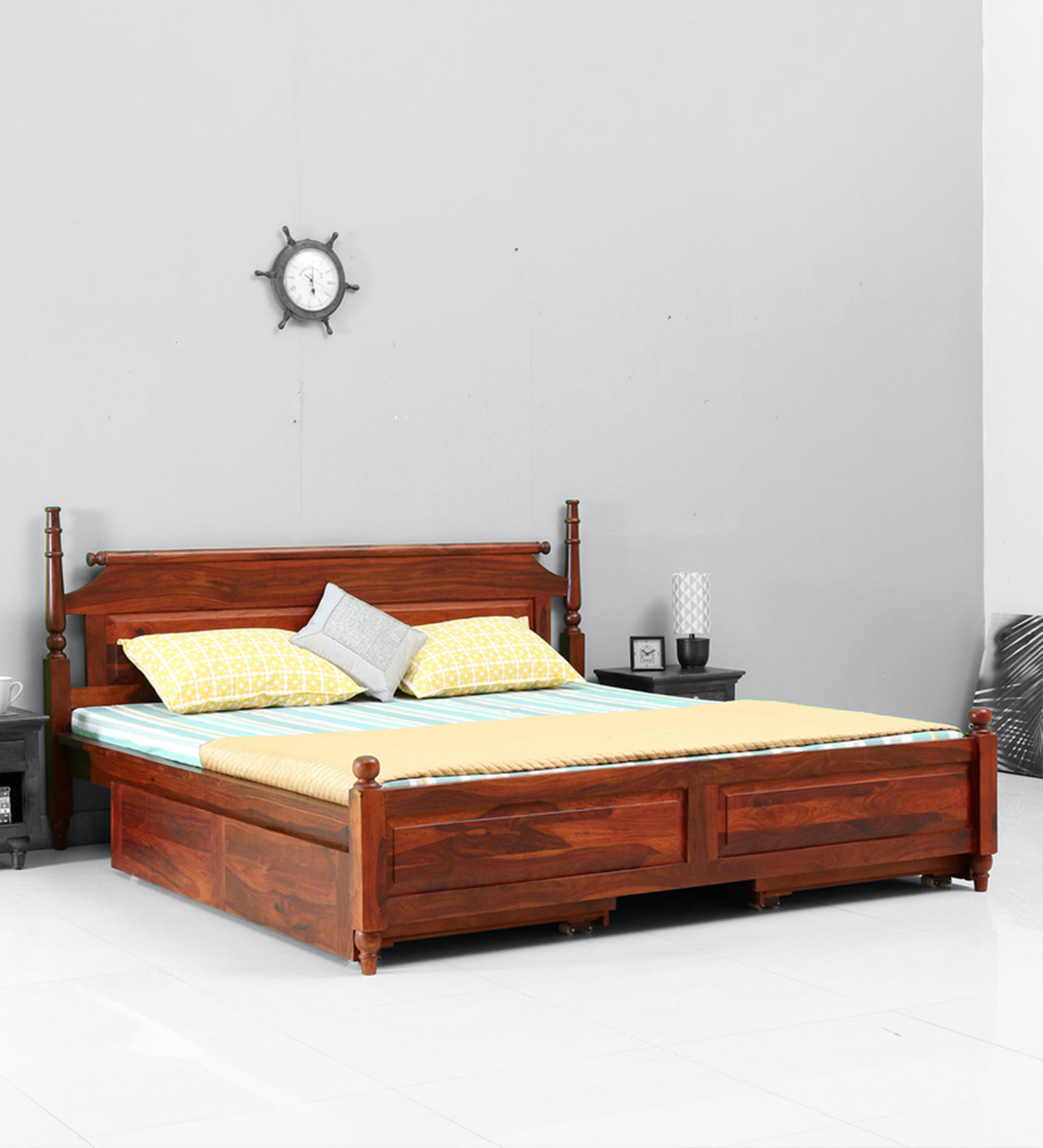 Harleston Sheesham Wood Queen Size Bed With Drawer Storage In Honey Oak Finish