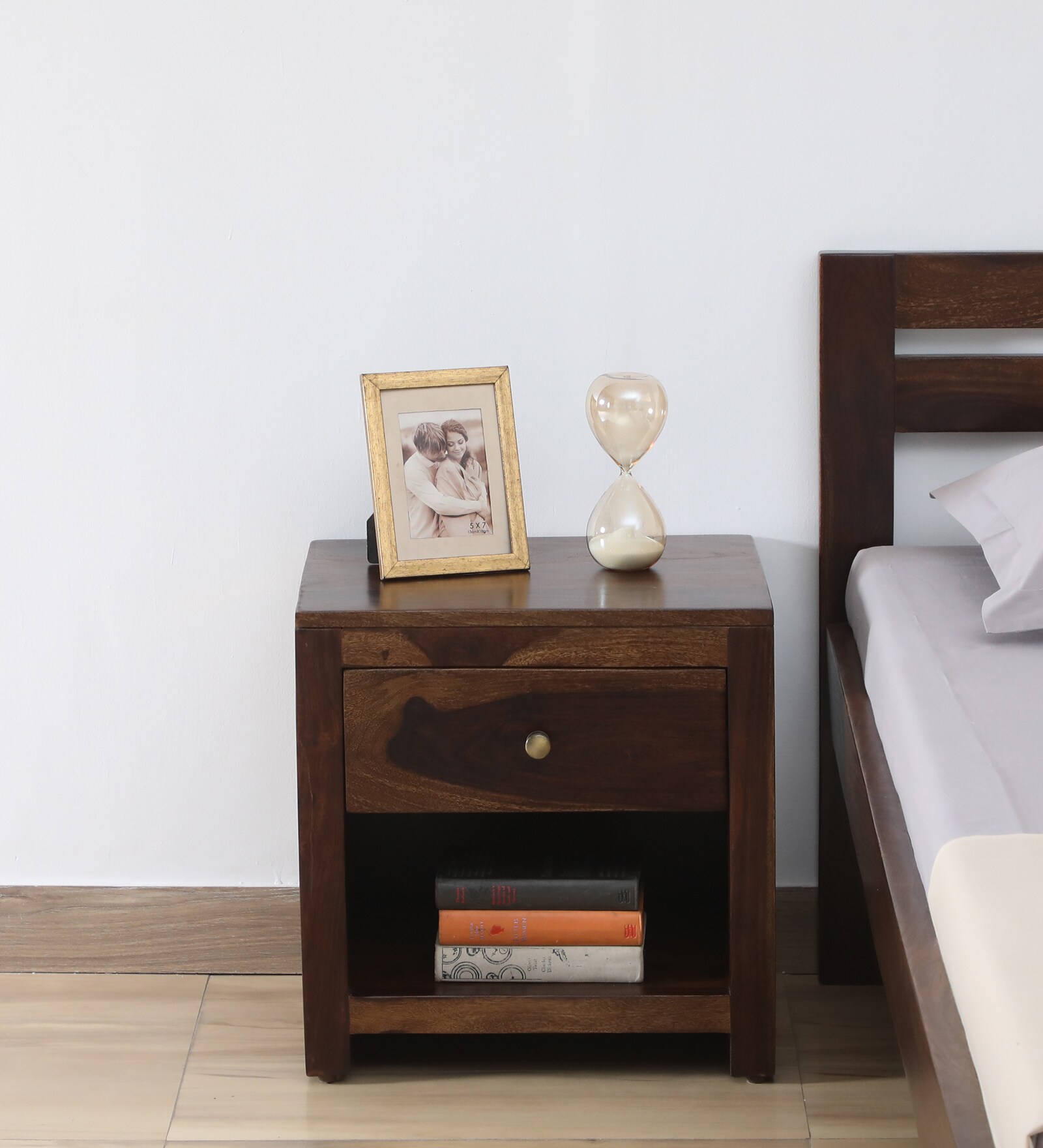 Harlev Sheesham Wood Bedside Table In Provincial Teak Finish With Drawer