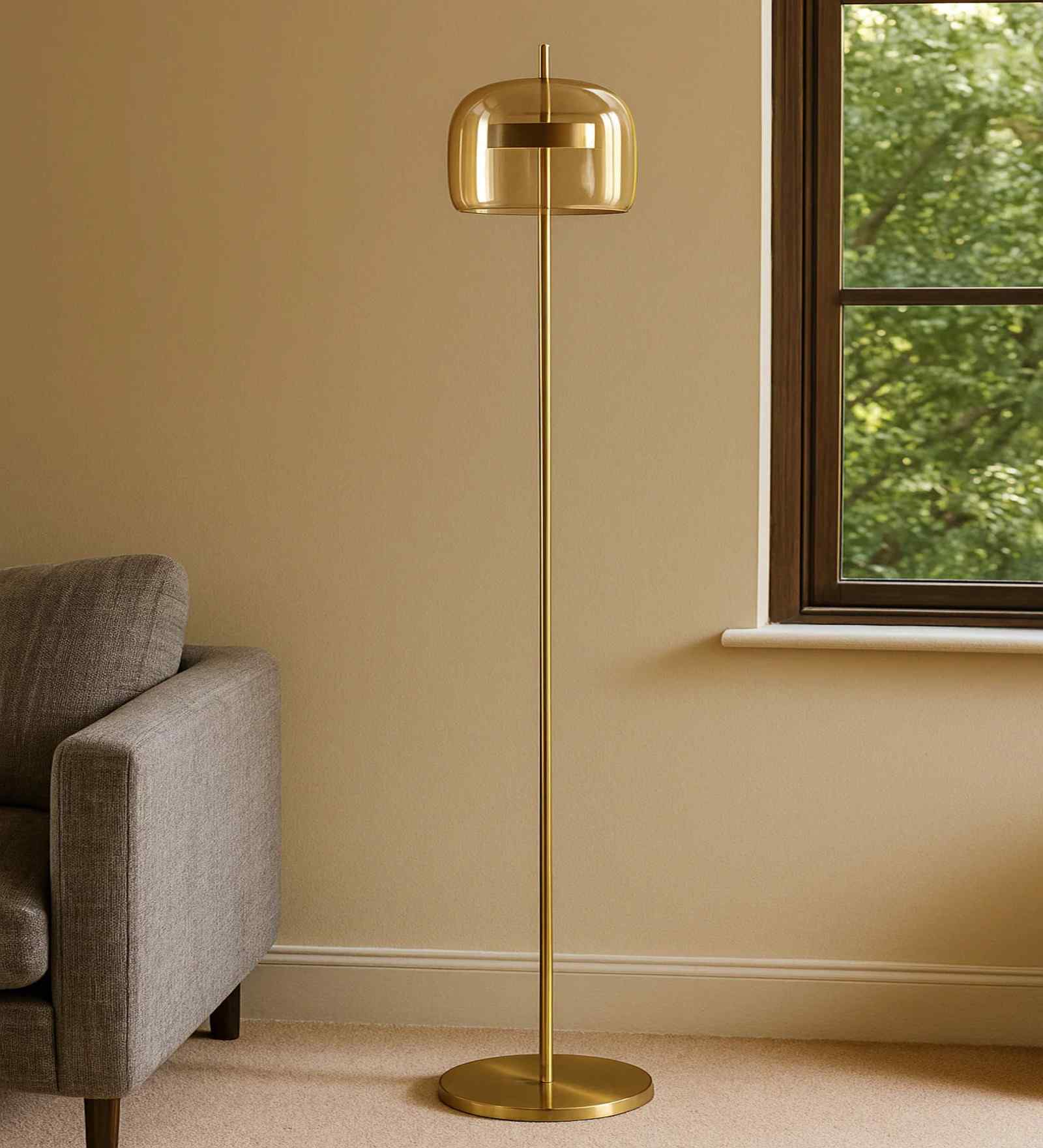 Harley Amber Glass Floor Lamp Gold Metal Body Tri-Color LED Modern Standing Lamp Harley Amber Glass Floor Lamp Gold Metal Body Tri-Color LED Modern Standing Lamp