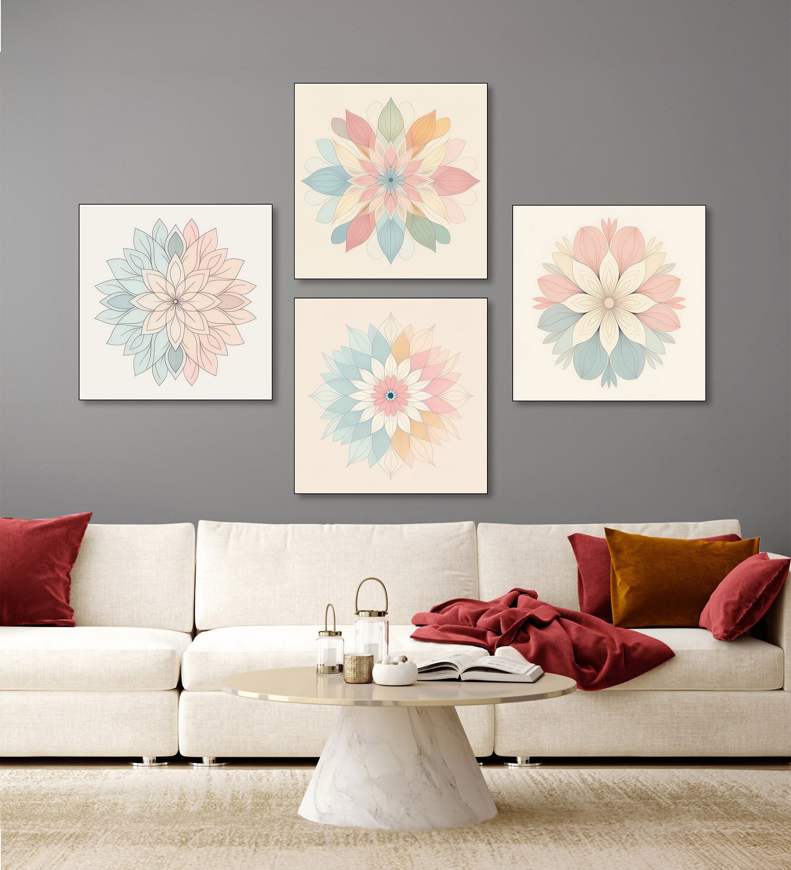 Floral Beauty on Beige Canvas Painting Set of 4 Black Frame