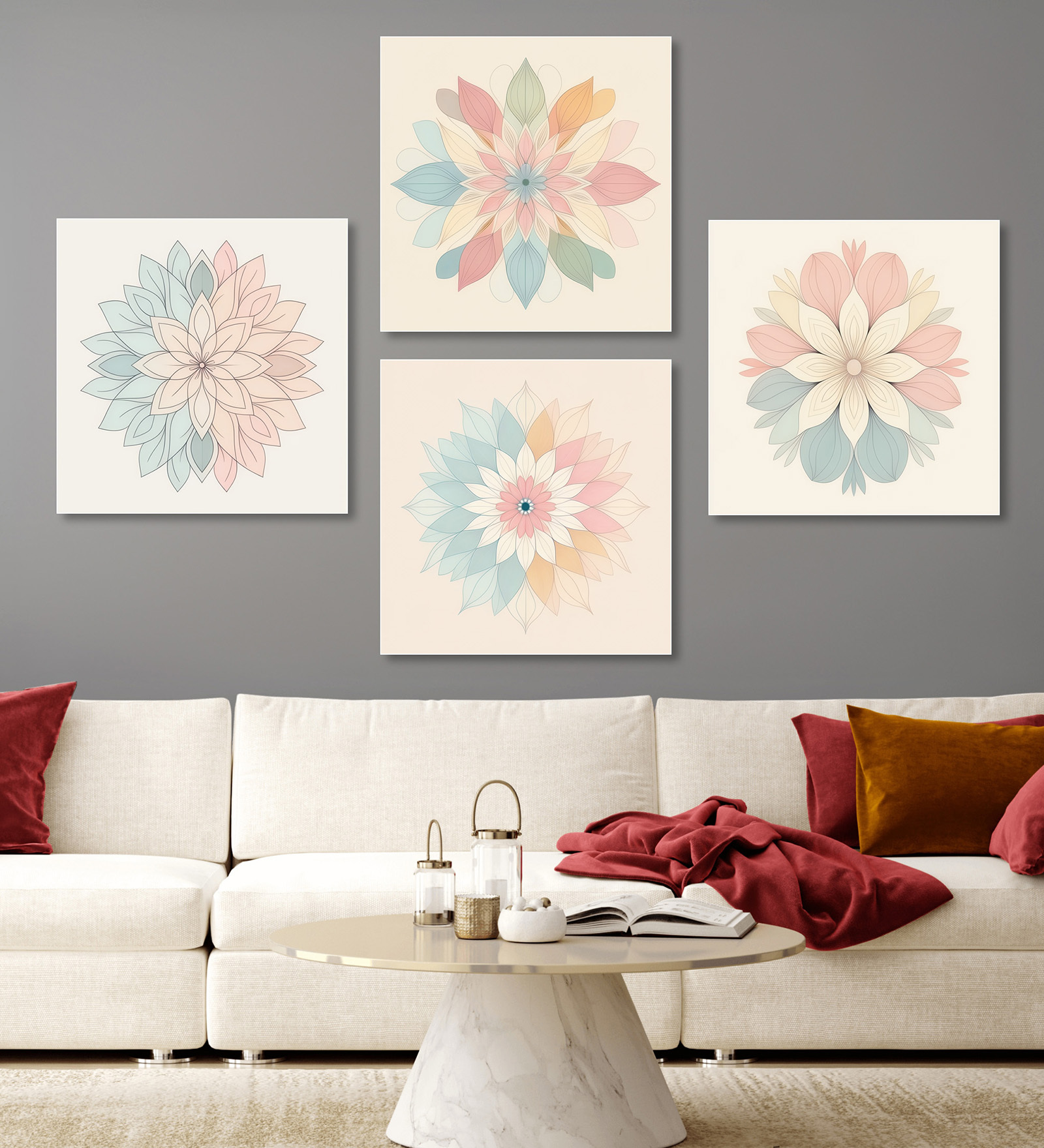 Floral Beauty on Beige Canvas Painting Set of 4 White Frame