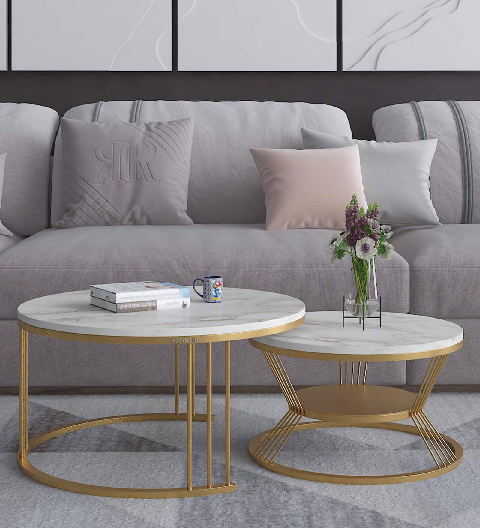 Harpy Metal Nest Of Tables in White & Gold Finish Harpy Metal Nest Of Tables in White & Gold Finish