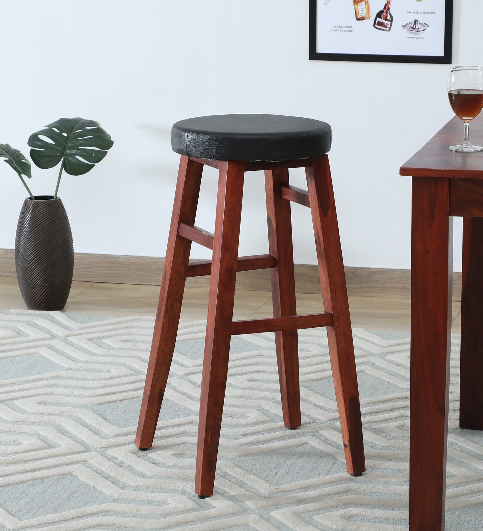 Harrington Sheesham Wood Bar Stool In Honey Oak Finish With Black Leatherette