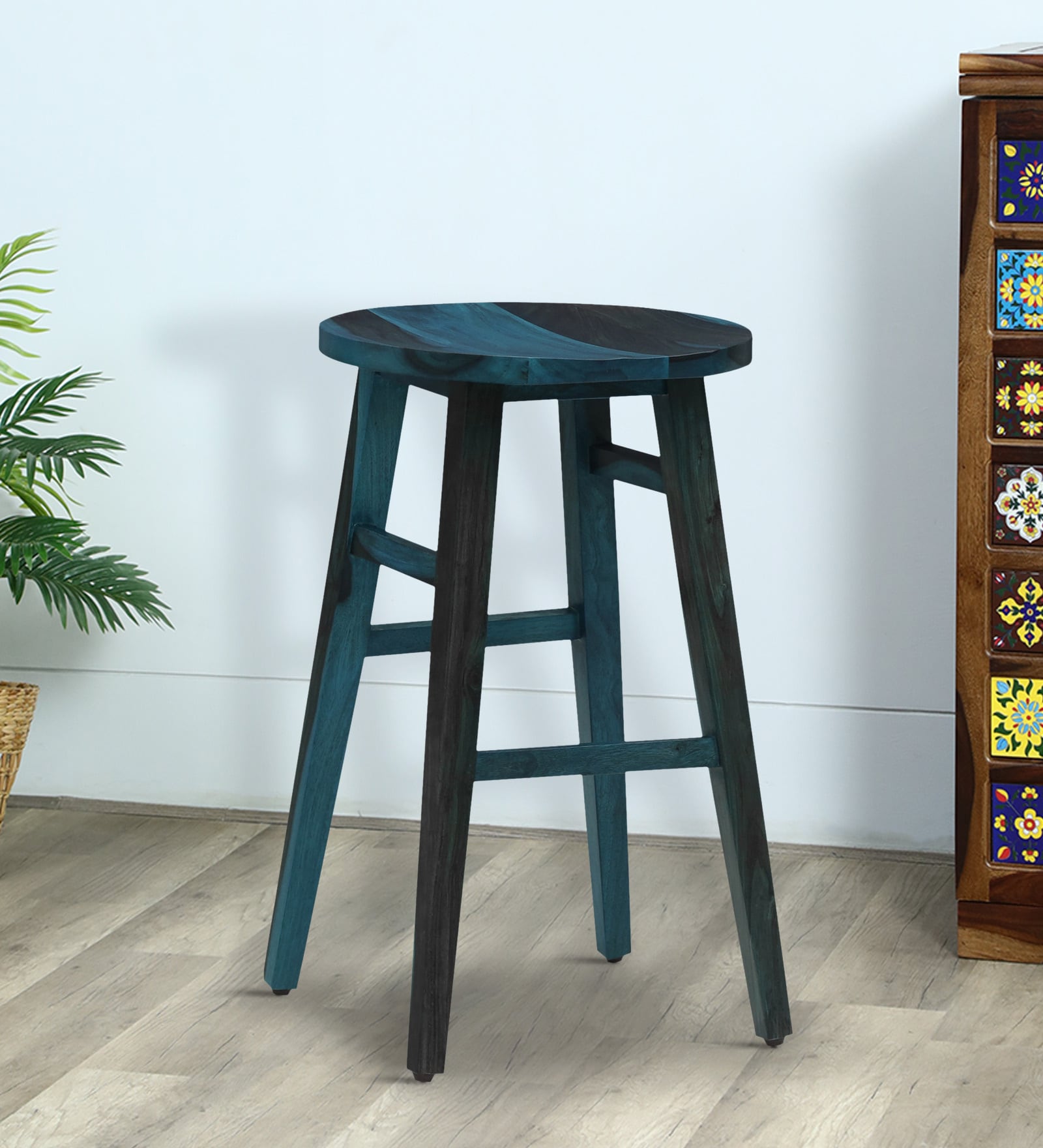 Harrington Sheesham Wood Bar Stool In Ocean Blue Finish