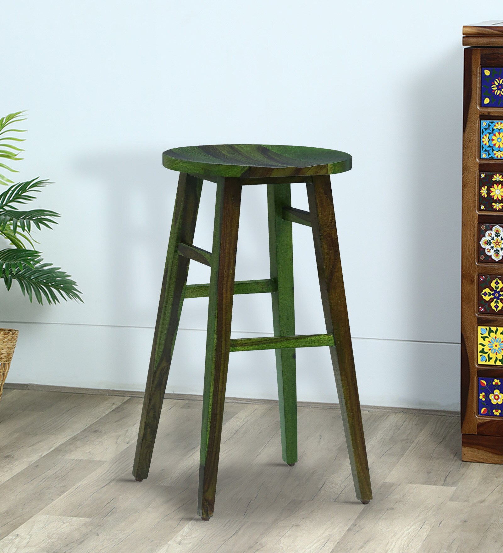 Harrington Sheesham Wood Tall Bar Stool In Spring Green