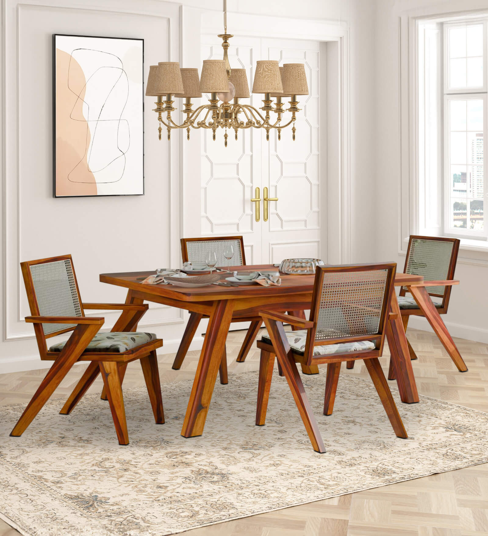 Harry Solid Wood 4 Seater Dining Set In Honey Finish