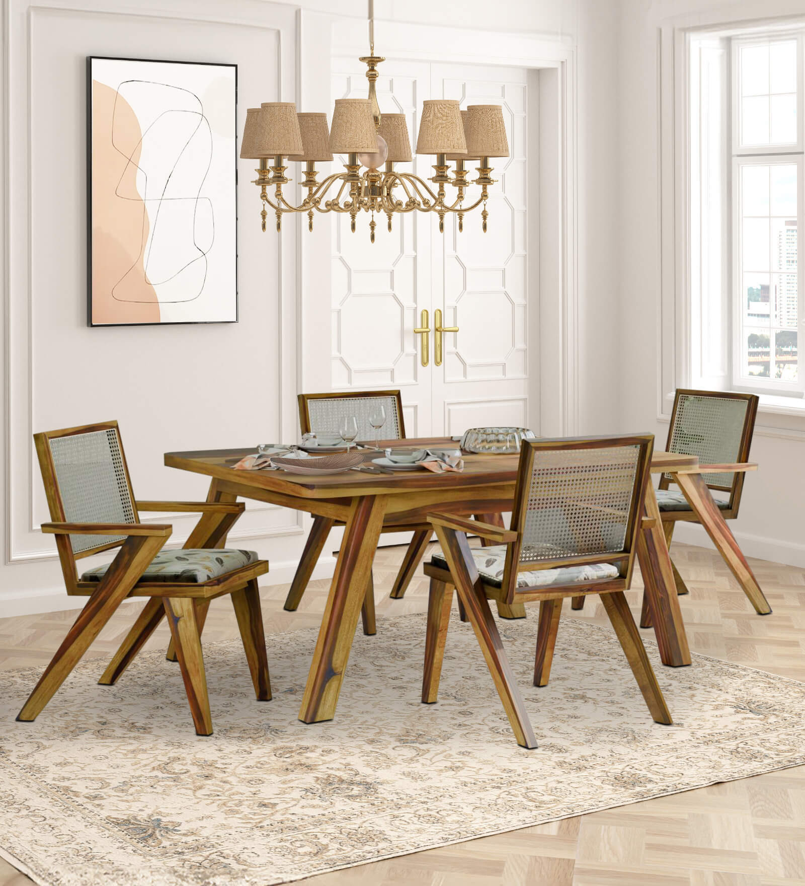 Harry Solid Wood 4 Seater Dining Set In Lite Honey Finish