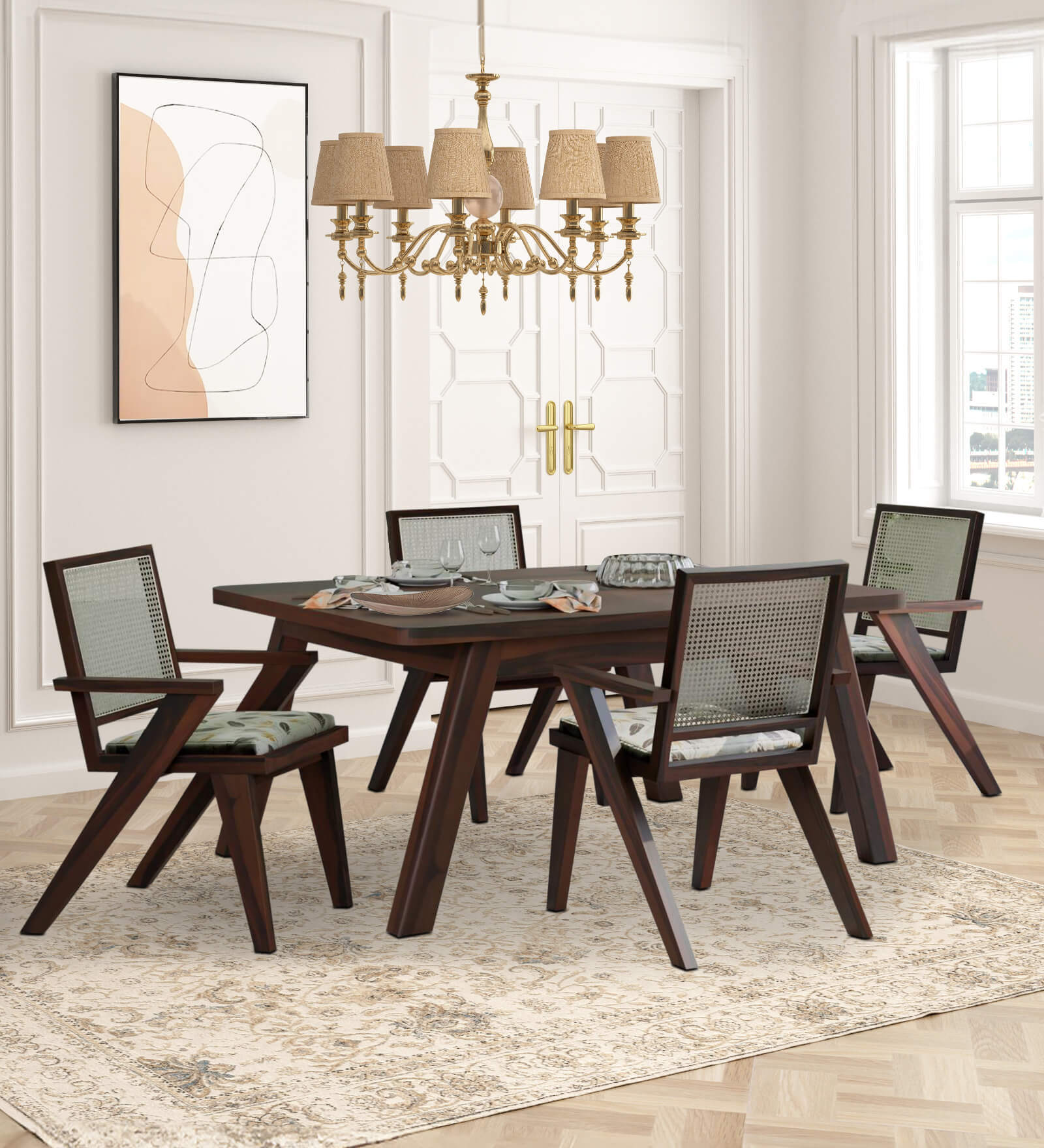 Harry Solid Wood 4 Seater Dining Set In Walnut Finish