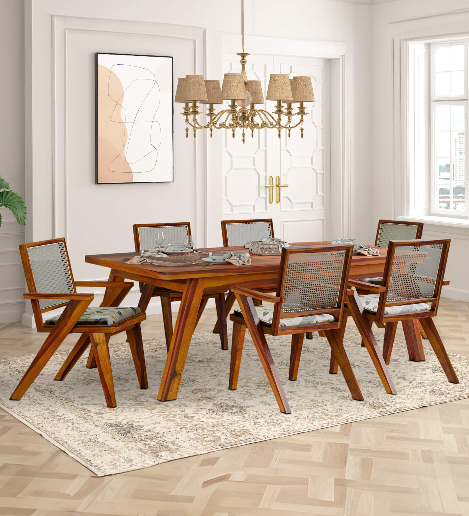 Harry Solid Wood 6 Seater Dining Set In Honey Finish