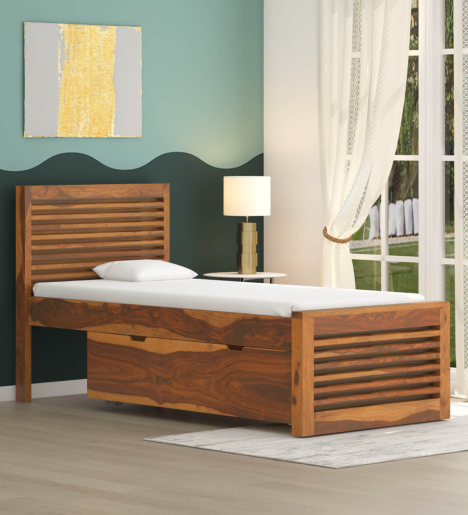 Hart Solid Wood Single Bed With Drawer Storage In Rustic Teak Finish